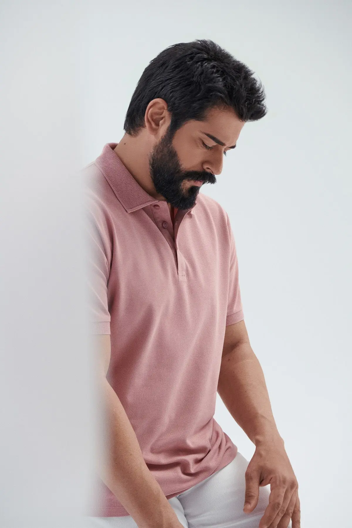 Erkek Gül Kurusu %100 Pamuk Kıvrılmaz Pike Polo Yaka Slim Fit Dar Kesim Tişört