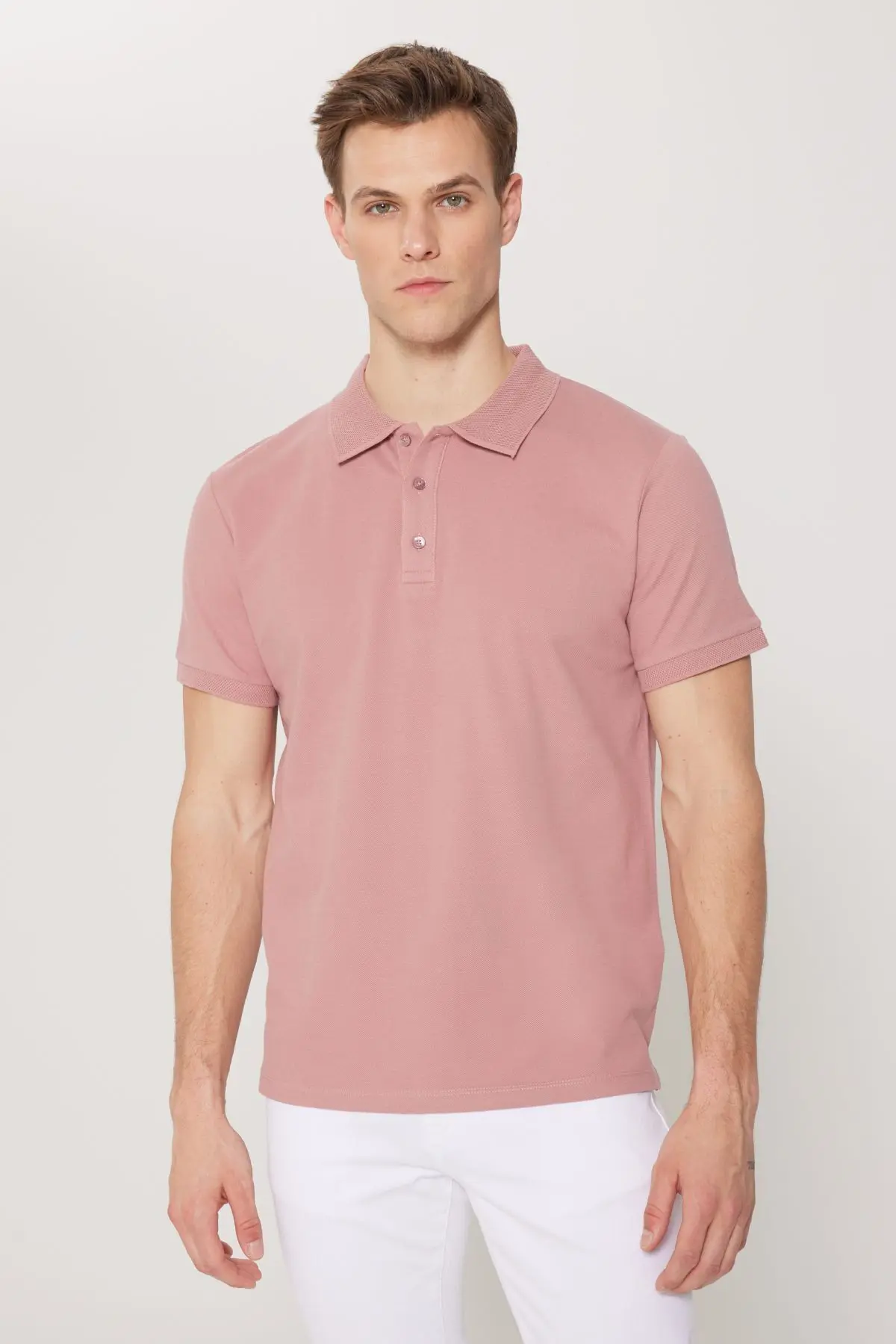 Erkek Gül Kurusu %100 Pamuk Kıvrılmaz Pike Polo Yaka Slim Fit Dar Kesim Tişört