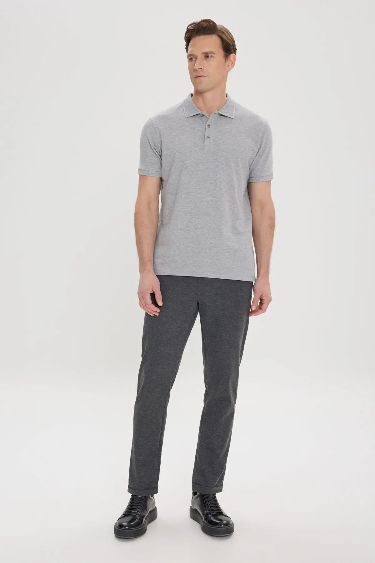 Erkek Gri Melanj %100 Pamuk Kıvrılmaz Pike Polo Yaka Slim Fit Dar Kesim Tişört