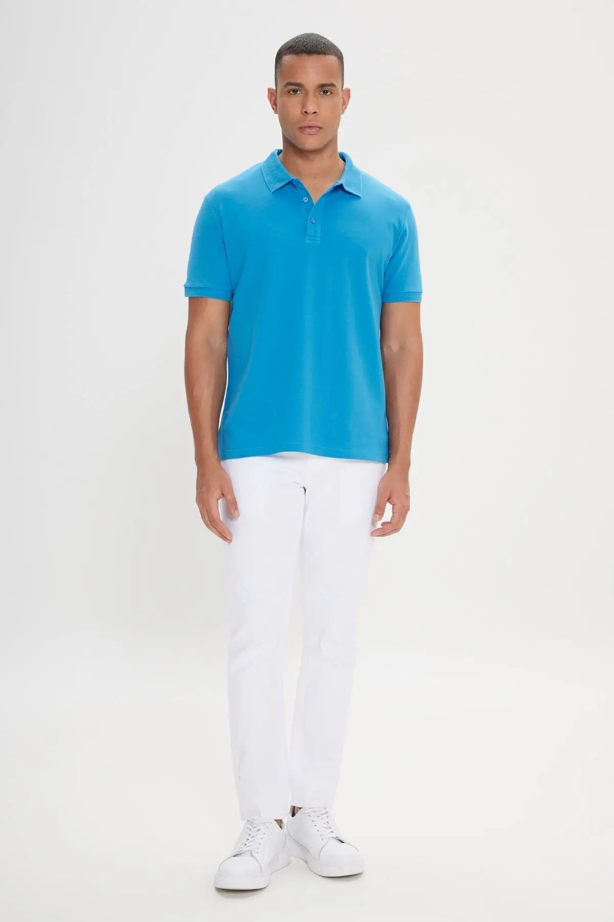 Erkek Turkuaz %100 Pamuk Kıvrılmaz Pike Polo Yaka Slim Fit Dar Kesim Tişört
