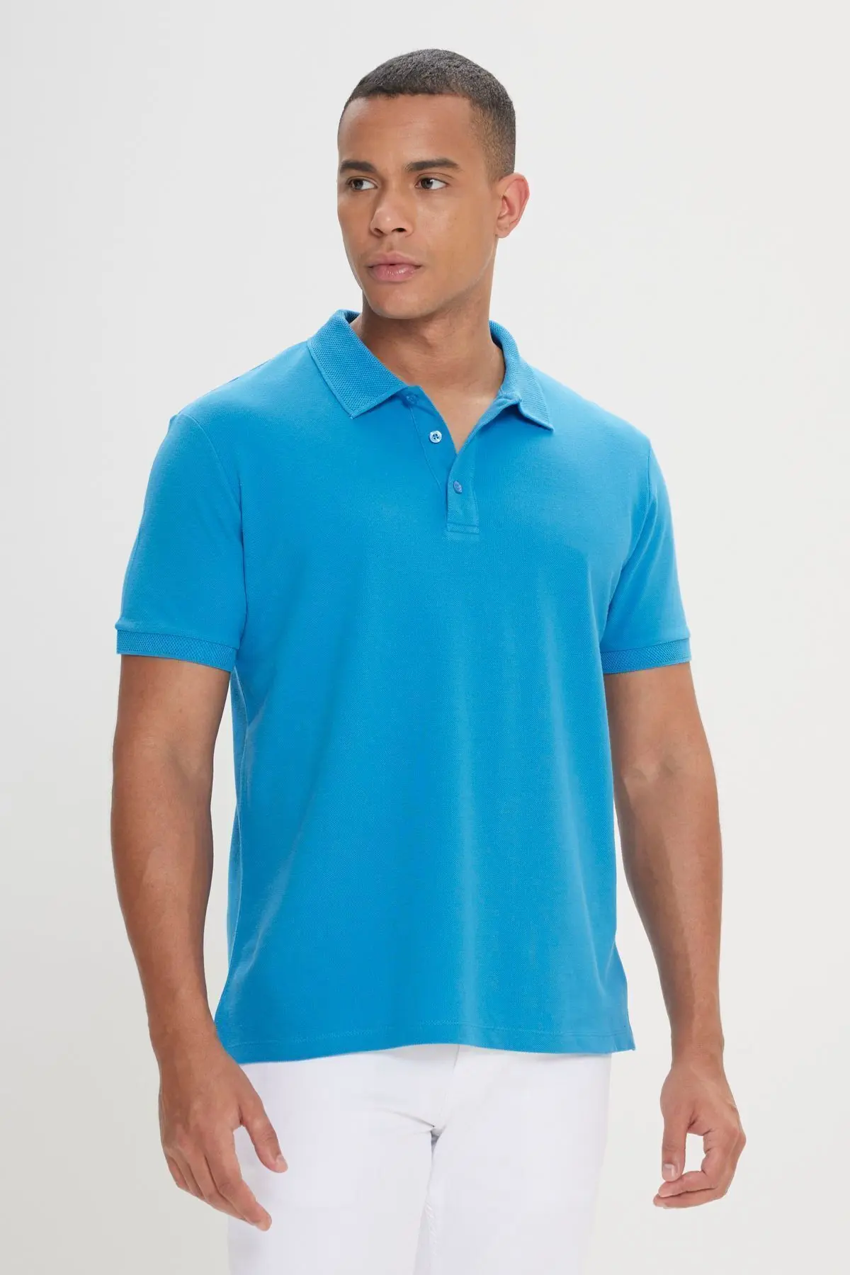 Erkek Turkuaz %100 Pamuk Kıvrılmaz Pike Polo Yaka Slim Fit Dar Kesim Tişört