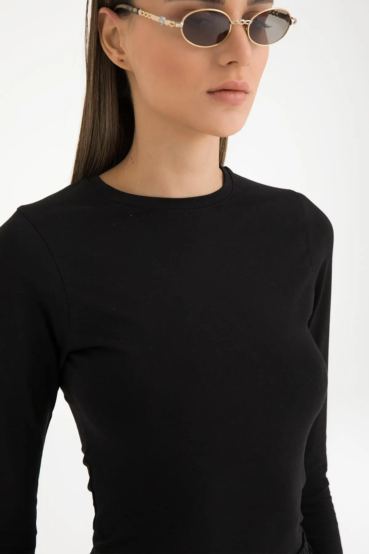 Cotton Yuvarlak Yaka Bluz Siyah