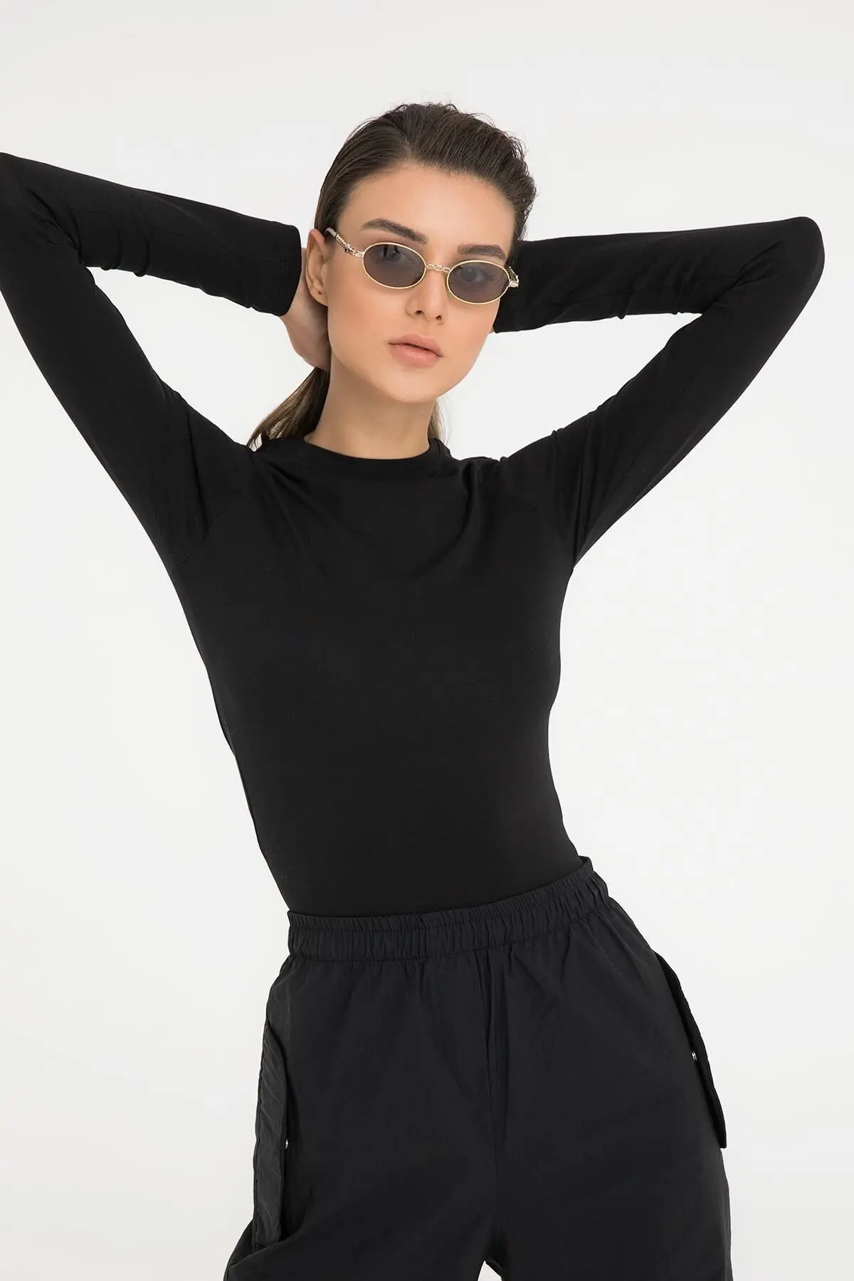 Cotton Yuvarlak Yaka Bluz Siyah