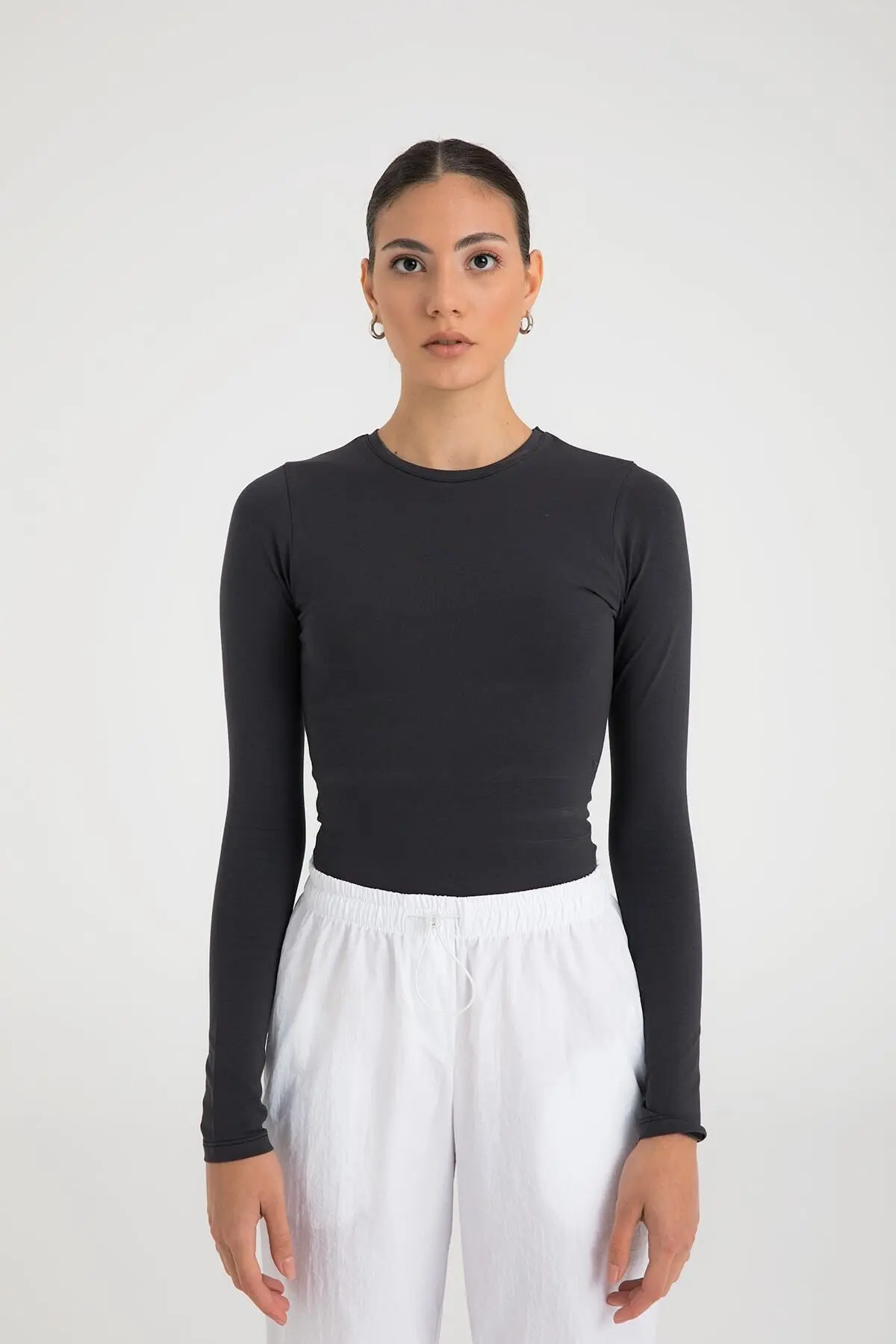 Cotton Yuvarlak Yaka Bluz Füme