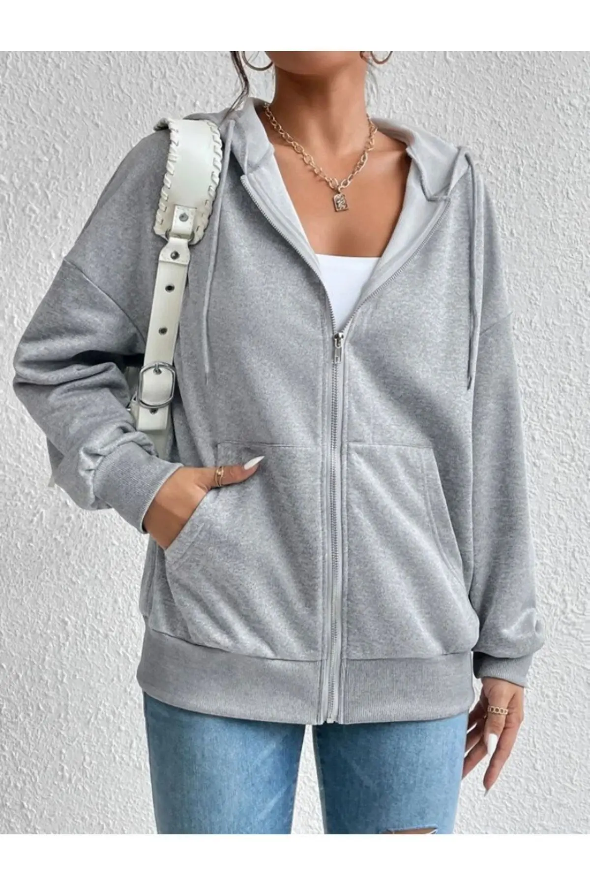 Kapşonlu Unisex Oversize Gri Fermuarlı Hırka