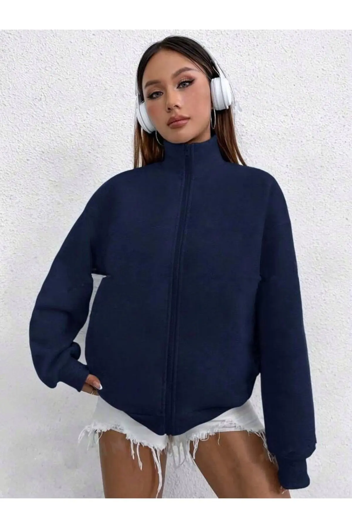 Kadın Lacivert Dik Yaka Boydan Fermuarlı Hırka