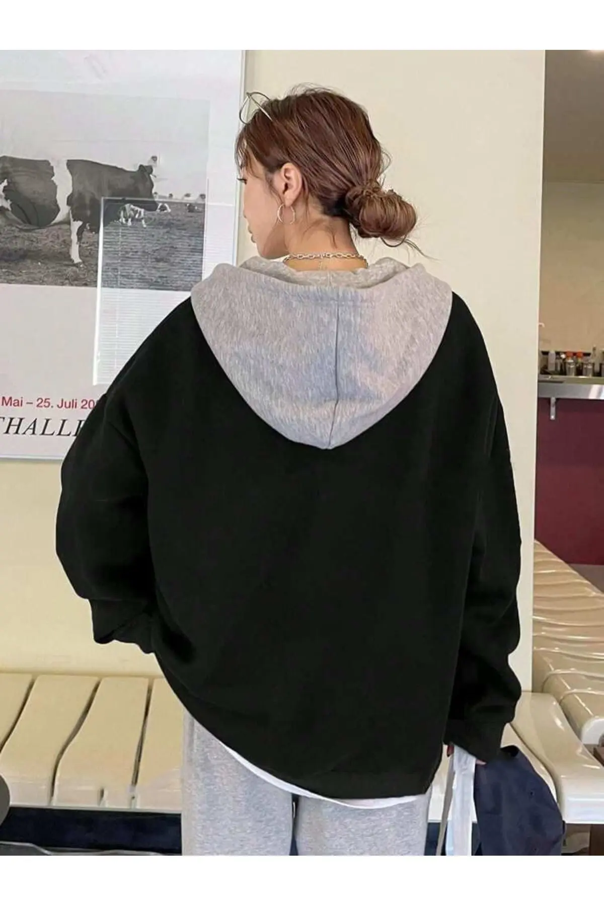 Unisex Oversize Kapşonu GRİ Detaylı Fermuarlı Siyah Şardonlu Hırka