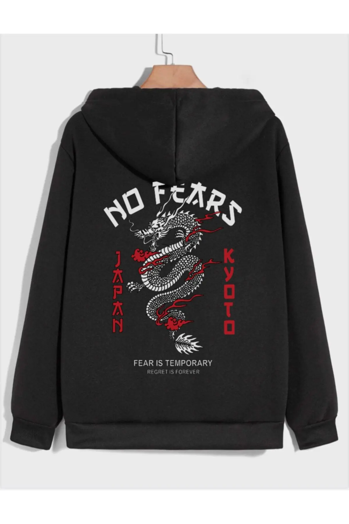 Siyah Fermuarlı No Fears Dragon Baskılı Hırka