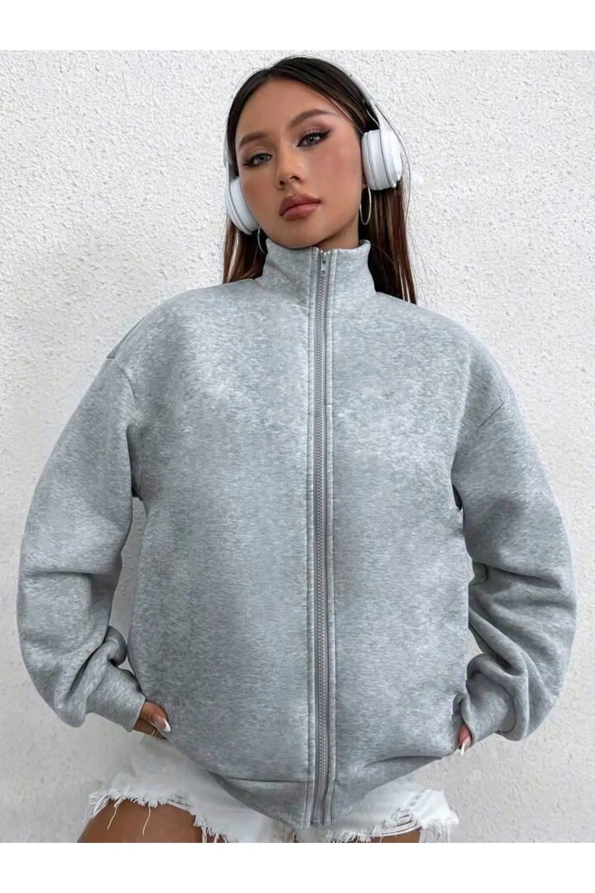 Kadın Gri Dik Yaka Boydan Fermuarlı Hırka
