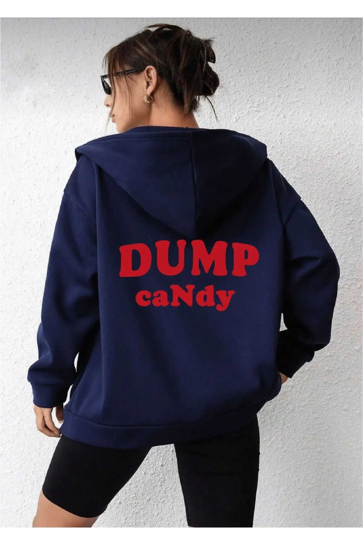Kadın Kapşonlu Lacivert I'm Dump Candy Baskılı Fermuarlı Hırka