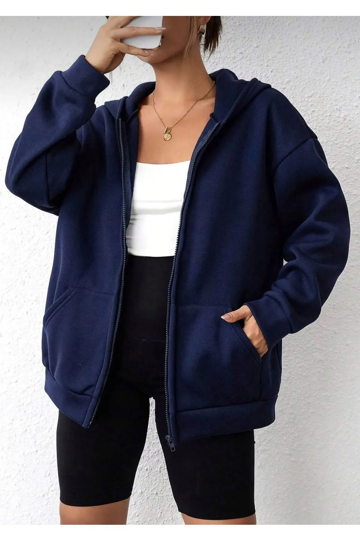 Kadın Kapşonlu Oversize Lacivert Fermuarlı Hırka