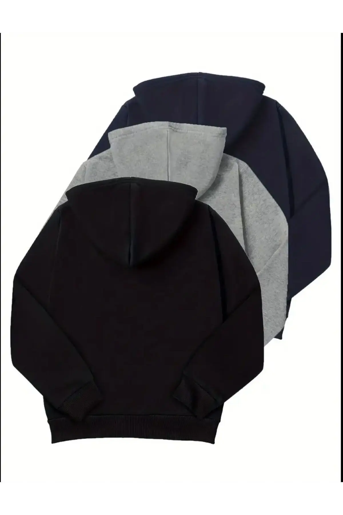 Unisex Oversize Kapşonlu 3'lü Paket Siyah-Gri-Lacivert Şardonlu Fermuarlı Hırka