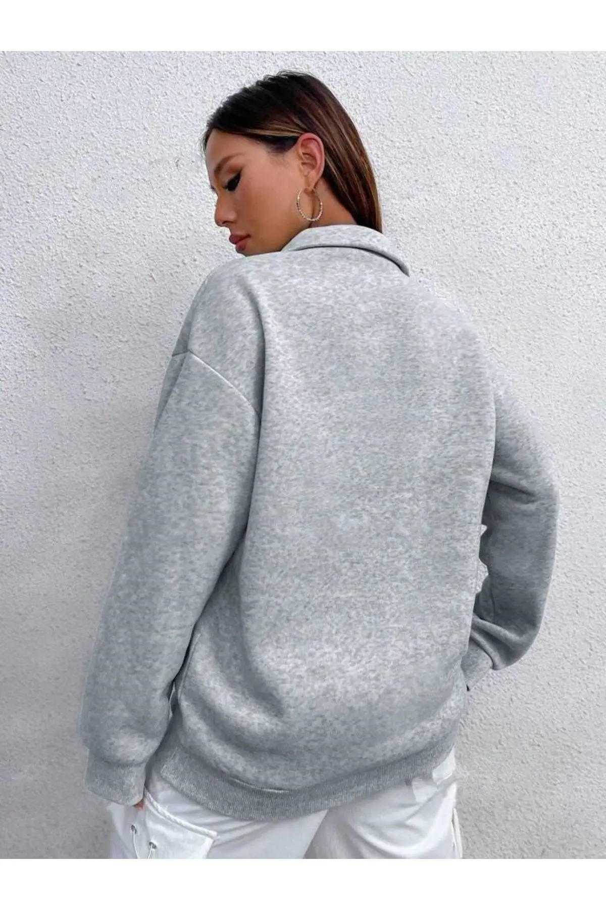 Kadın Gri Vintage 1988 Baskılı Dik Yaka Boydan Fermuarlı Hırka