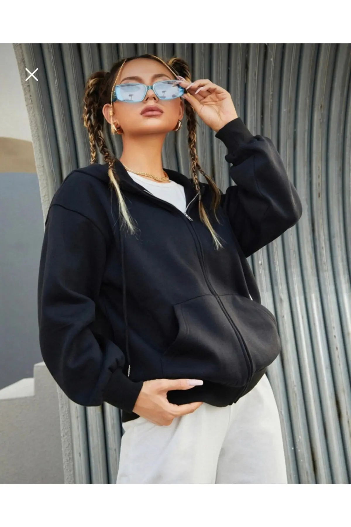 Kapşonlu Oversize Pusula Baskılı Siyah Hırka