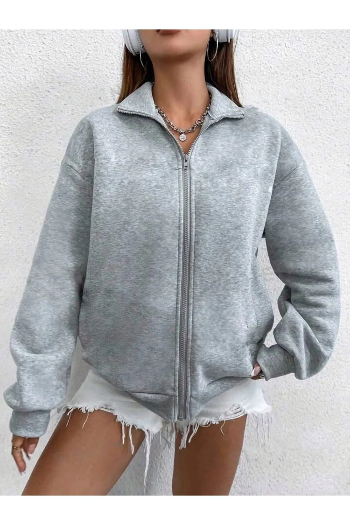 Kadın Gri Dik Yaka Boydan Fermuarlı Hırka