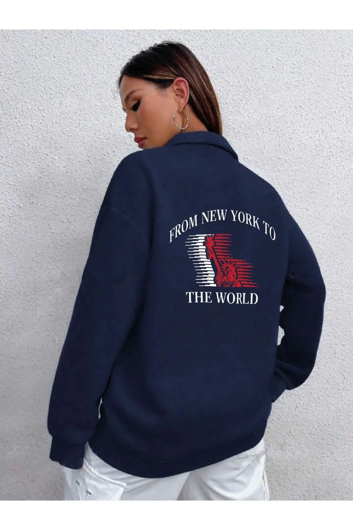 Kadın Lacivert New York To The World Baskılı Dik Yaka Boydan Fermuarlı Hırka