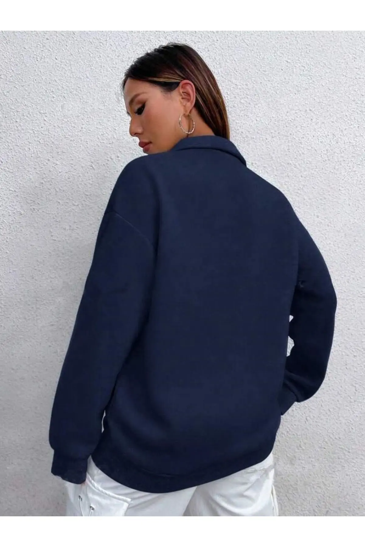 Kadın Lacivert Dik Yaka Boydan Fermuarlı Hırka