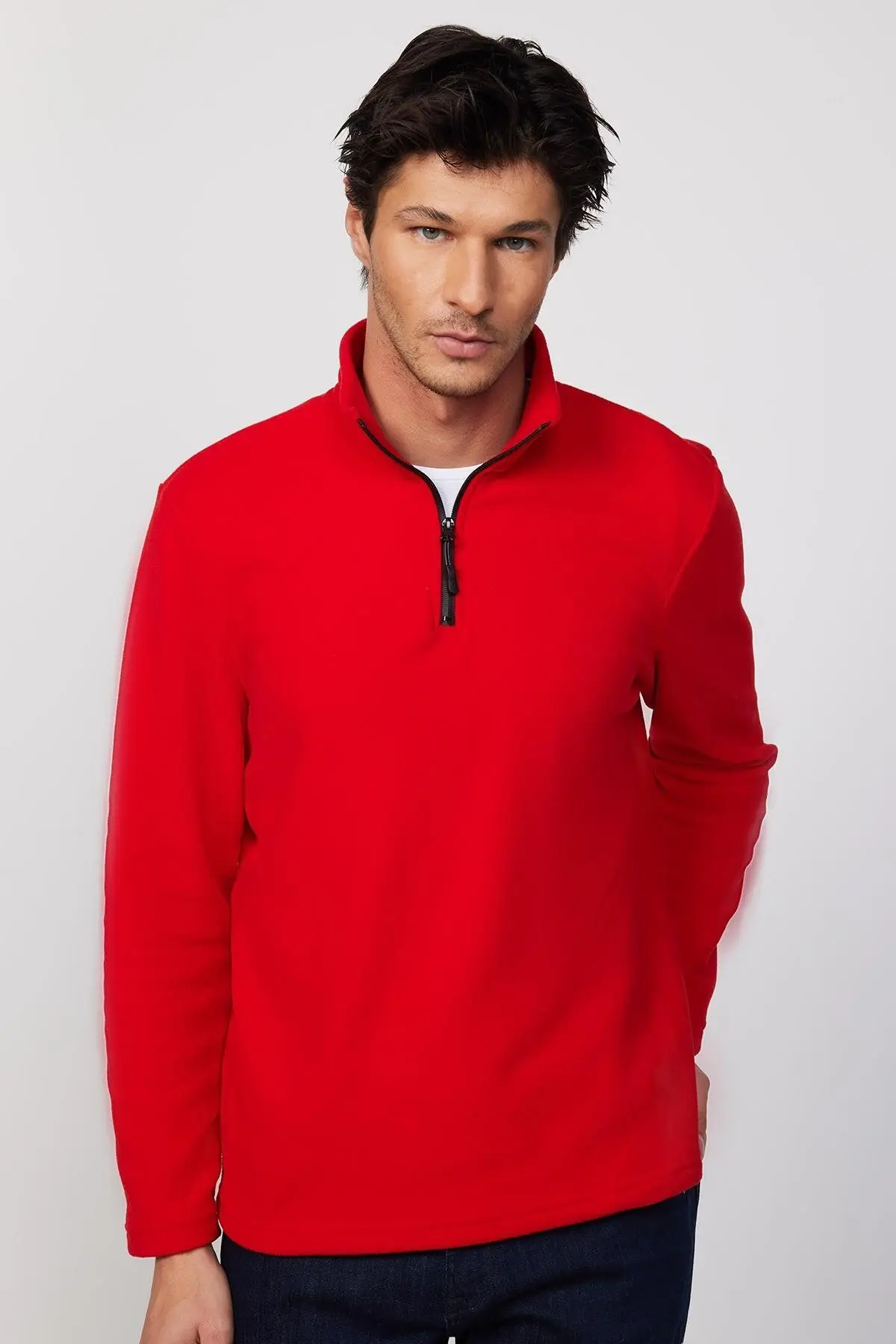 Erkek Standart Fit Rahat Kesim Tüylenme Yapmayan Soğuk Geçirmez Kırmızı Dik Yaka Polar Sweatshirt