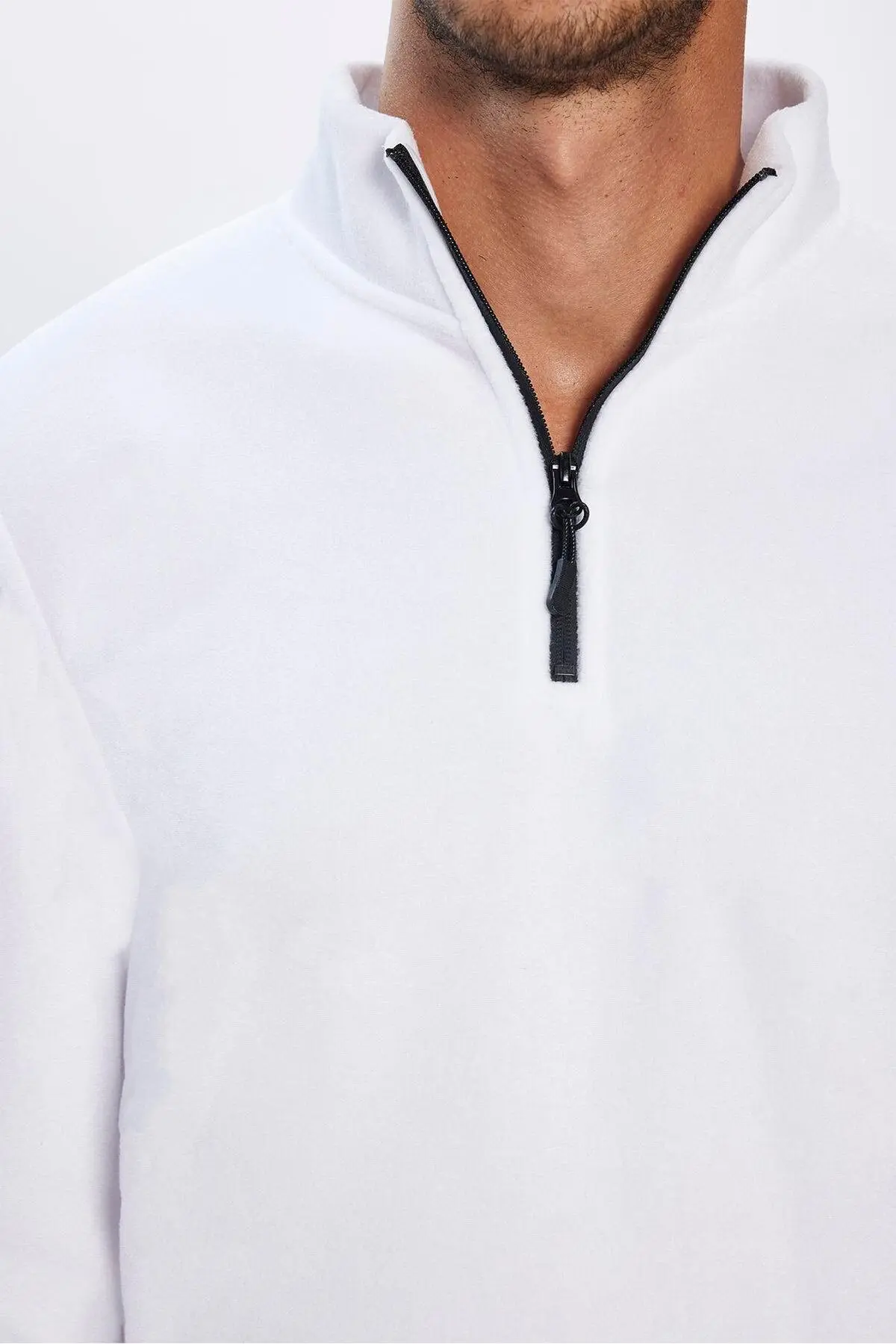 Erkek Standart Fit Rahat Kesim Tüylenme Yapmayan Soğuk Geçirmez Ekru Dik Yaka Polar Sweatshirt