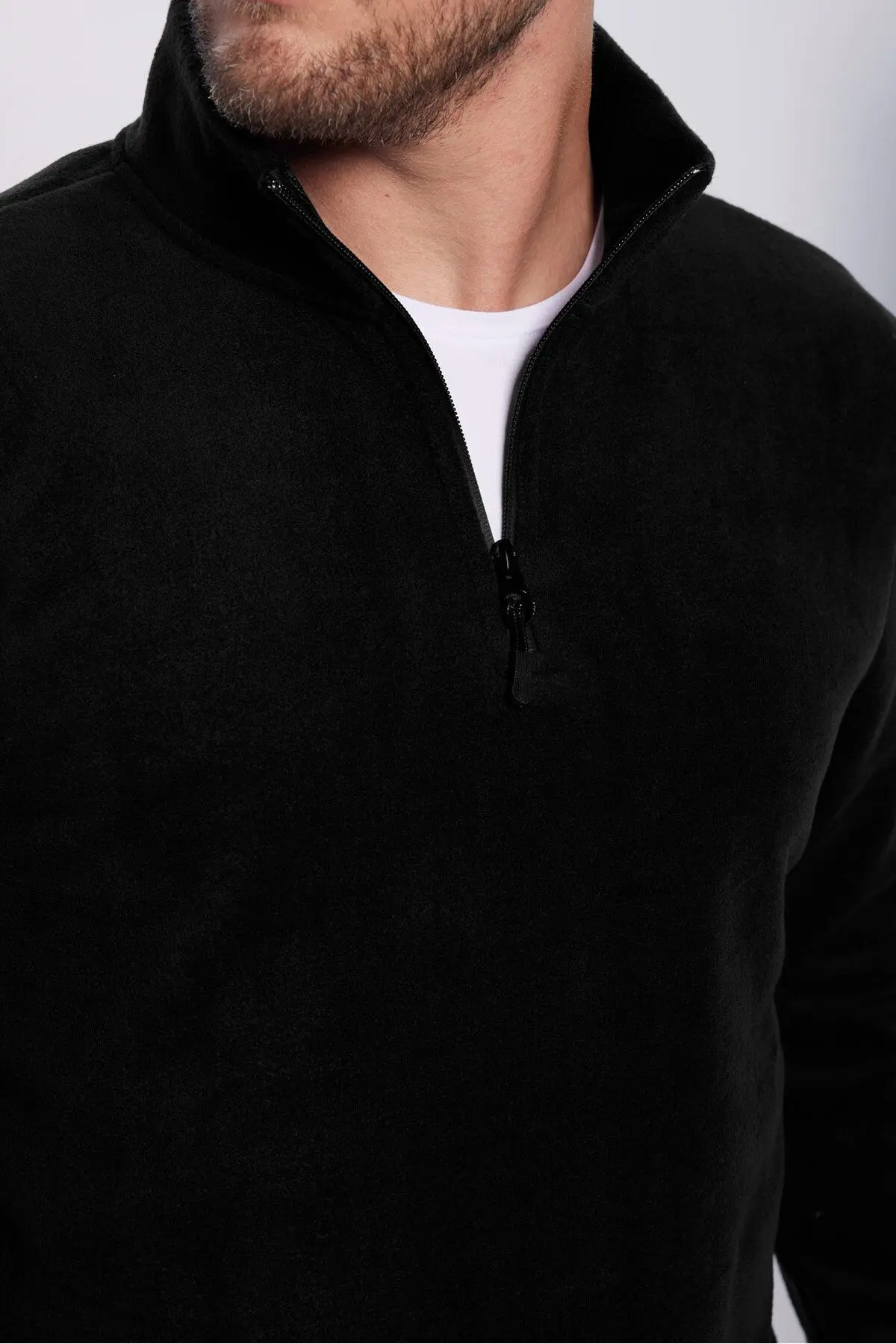 Erkek Standart Fit Rahat Kesim Tüylenme Yapmayan Soğuk Geçirmez Siyah Dik Yaka Polar Sweatshirt