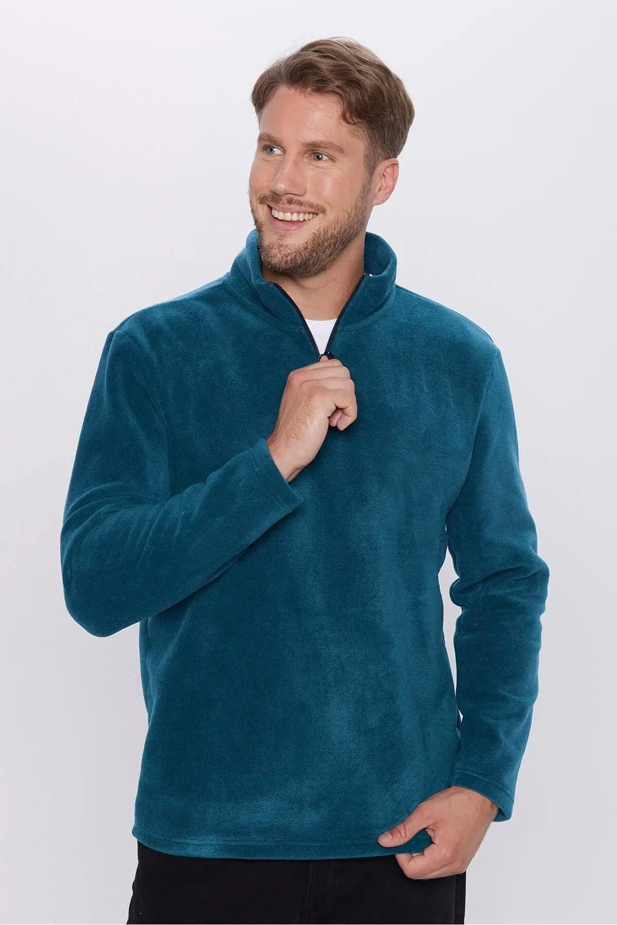 Erkek Standart Fit Rahat Kesim Tüylenme Yapmayan Soğuk Geçirmez Indigo Dik Yaka Polar Sweatshirt