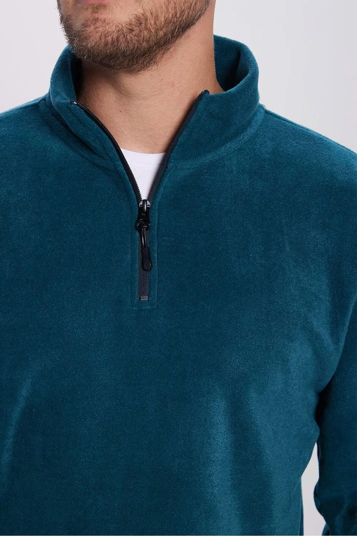 Erkek Standart Fit Rahat Kesim Tüylenme Yapmayan Soğuk Geçirmez Indigo Dik Yaka Polar Sweatshirt