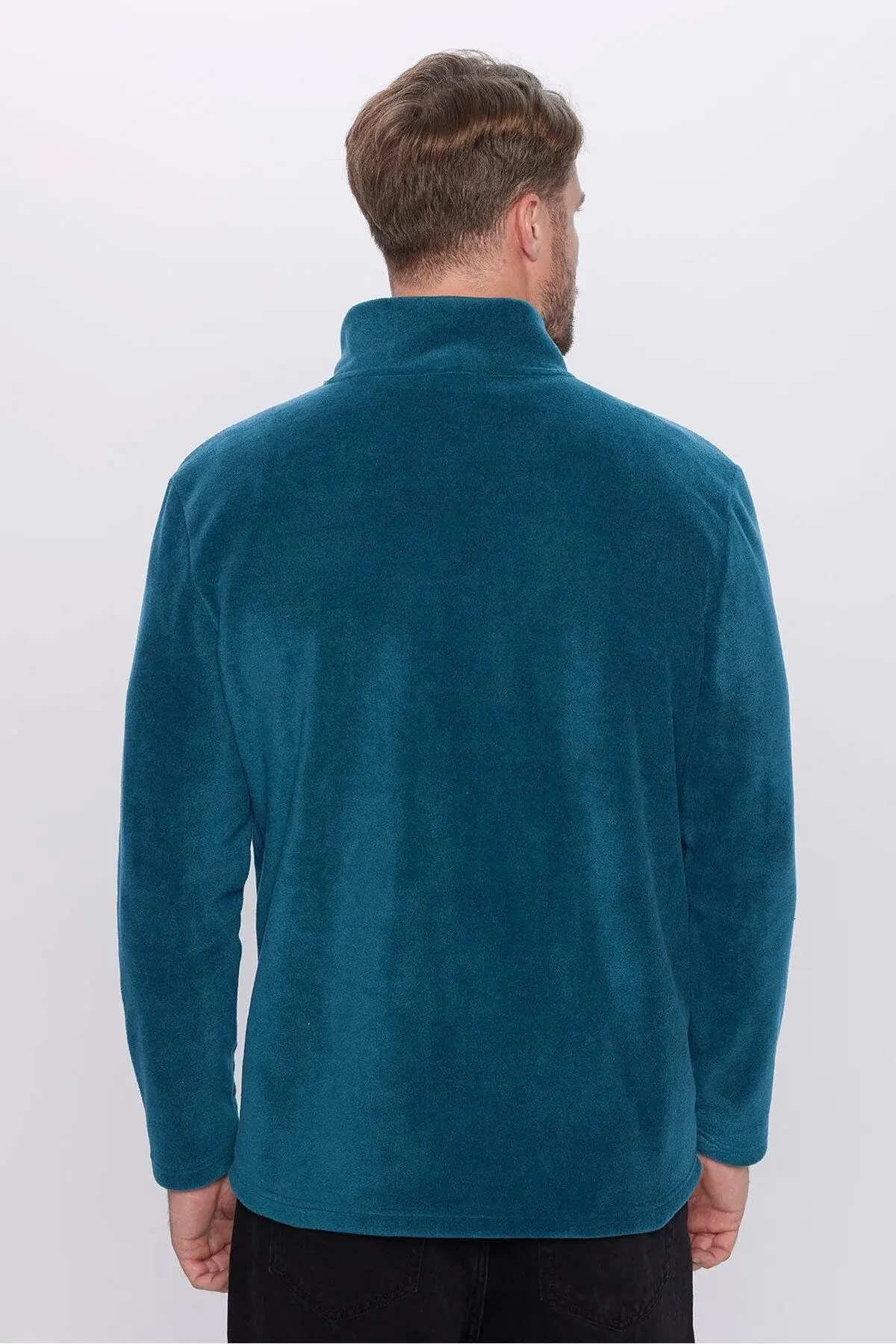 Erkek Standart Fit Rahat Kesim Tüylenme Yapmayan Soğuk Geçirmez Indigo Dik Yaka Polar Sweatshirt