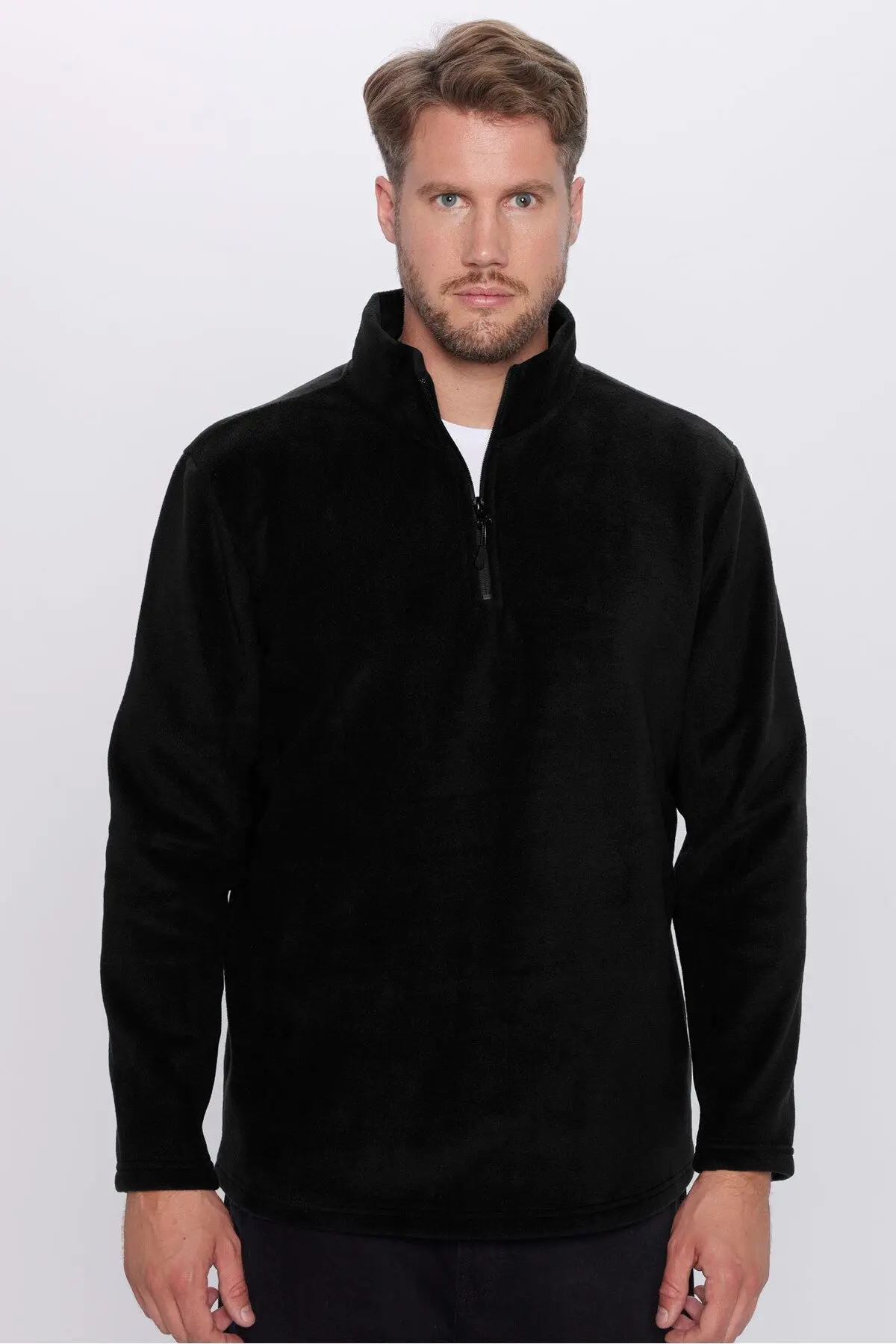 Erkek Standart Fit Rahat Kesim Tüylenme Yapmayan Soğuk Geçirmez Siyah Dik Yaka Polar Sweatshirt