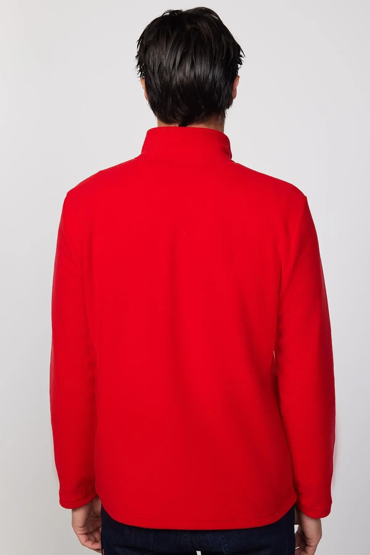 Erkek Standart Fit Rahat Kesim Tüylenme Yapmayan Soğuk Geçirmez Kırmızı Dik Yaka Polar Sweatshirt
