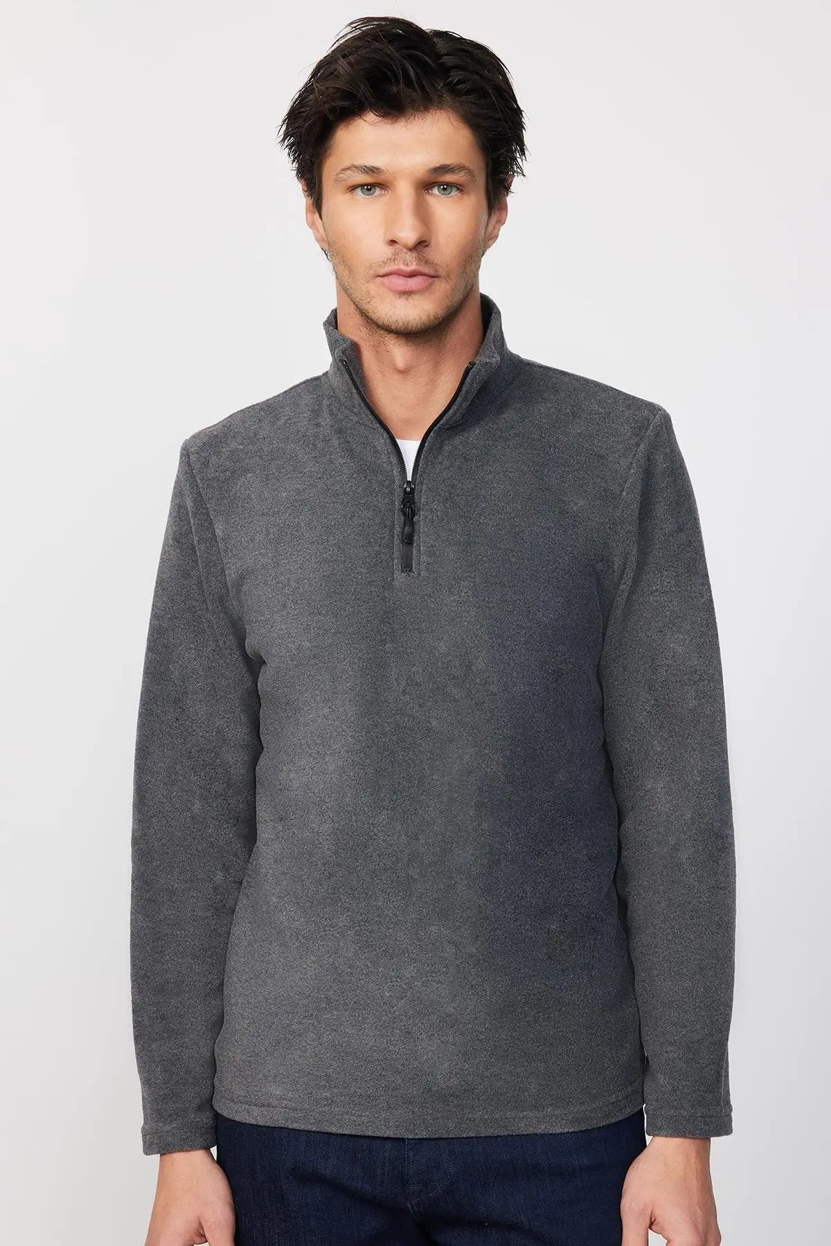 Tudors Erkek Standart Fit Rahat Kesim Tüylenme Yapmayan Soğuk Geçirmez Antrasit Dik Yaka Polar Sweatshirt