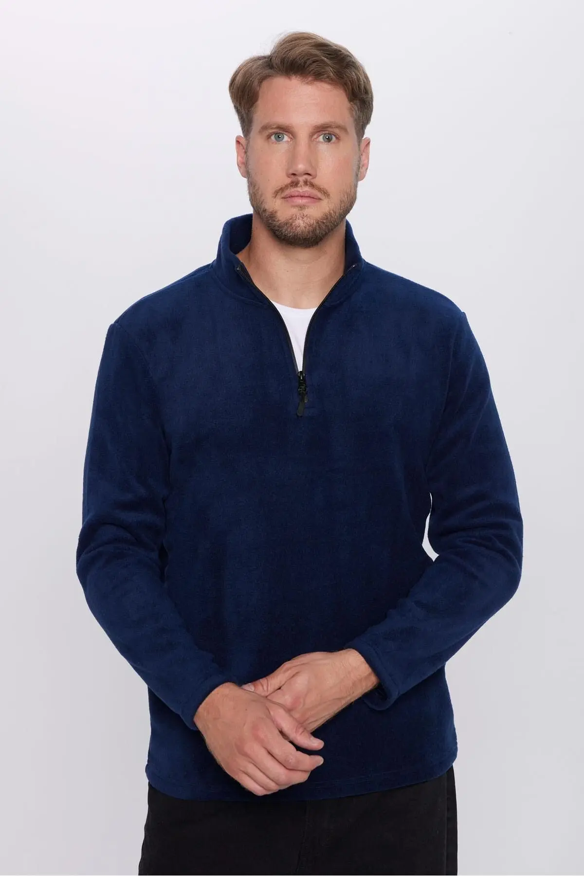 Erkek Standart Fit Rahat Kesim Tüylenme Yapmayan Soğuk Geçirmez Lacivert Dik Yaka Polar Sweatshirt