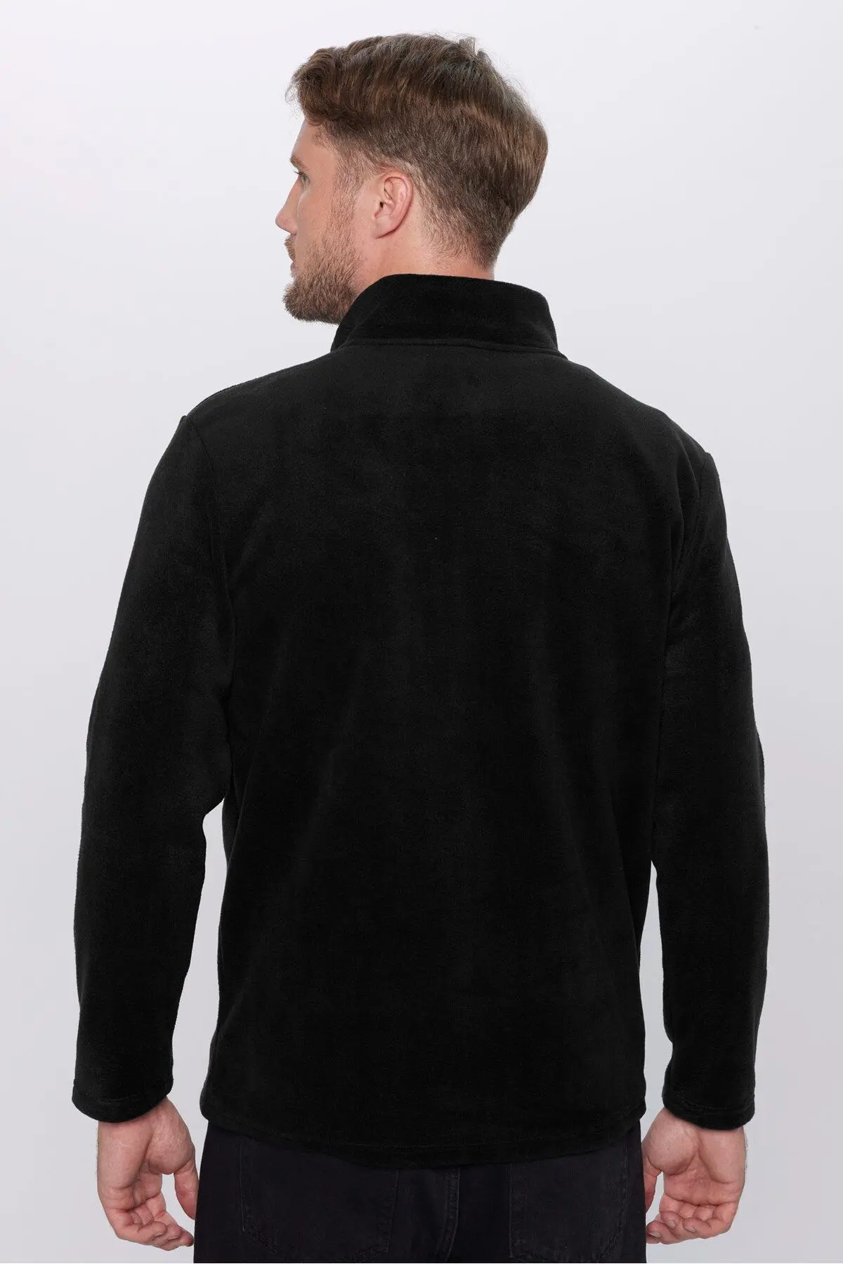 Erkek Standart Fit Rahat Kesim Tüylenme Yapmayan Soğuk Geçirmez Siyah Dik Yaka Polar Sweatshirt