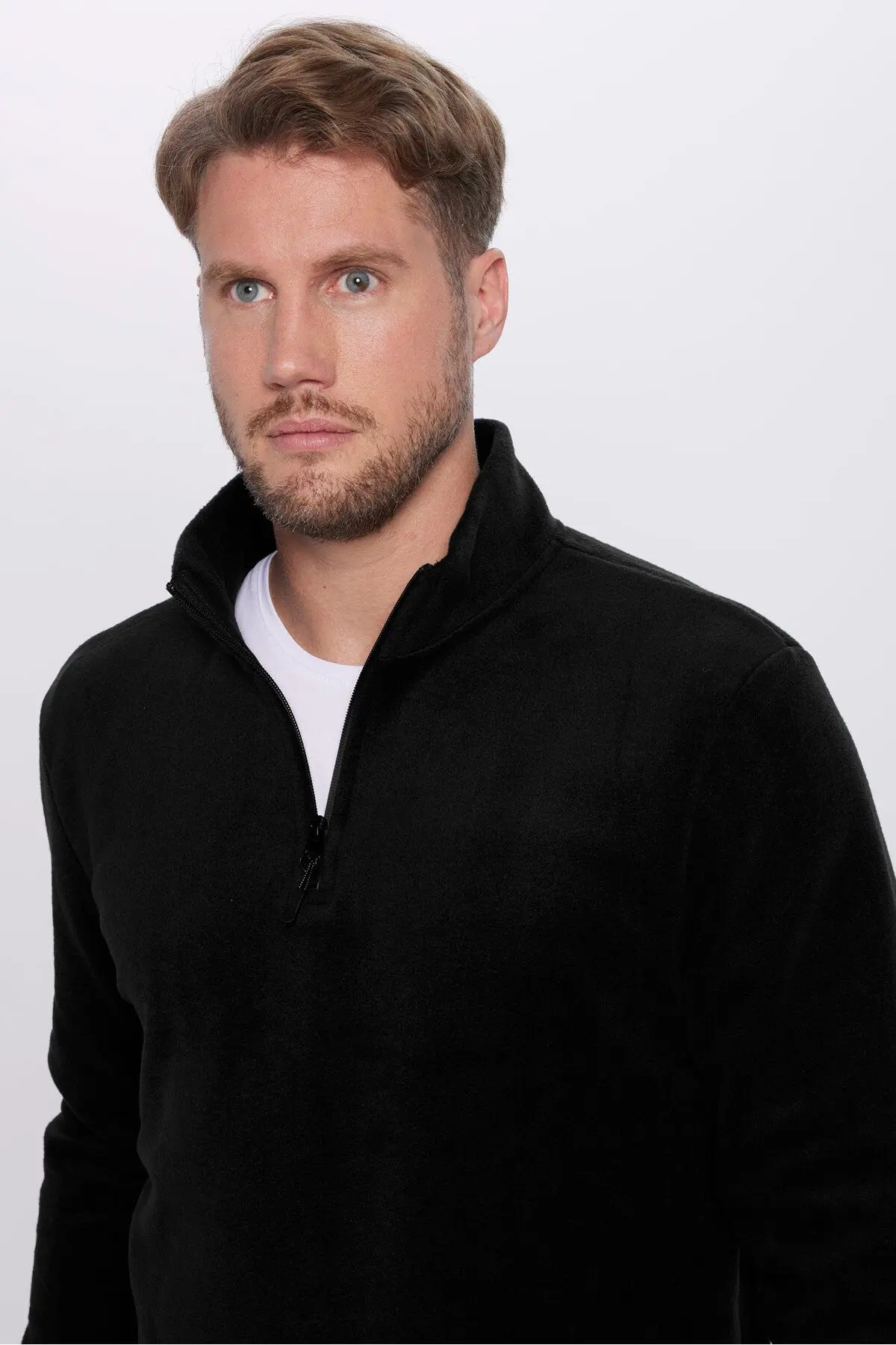 Erkek Standart Fit Rahat Kesim Tüylenme Yapmayan Soğuk Geçirmez Siyah Dik Yaka Polar Sweatshirt