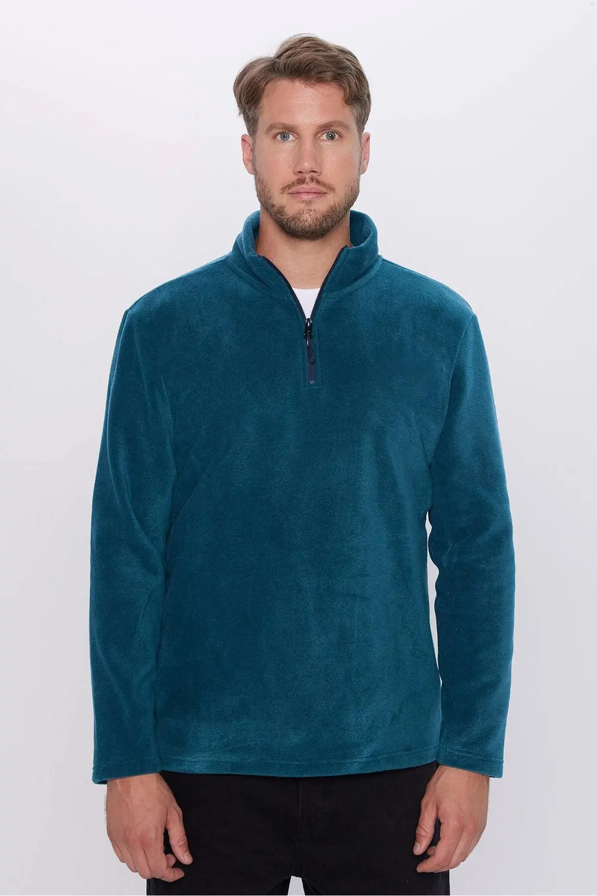 Erkek Standart Fit Rahat Kesim Tüylenme Yapmayan Soğuk Geçirmez Indigo Dik Yaka Polar Sweatshirt