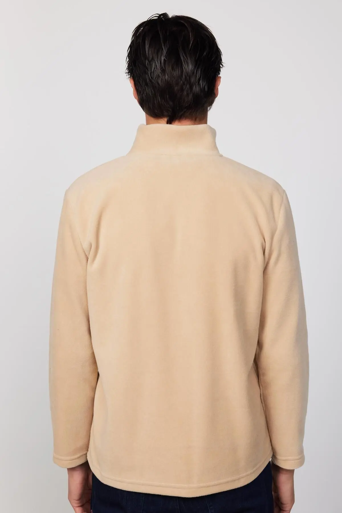Erkek Standart Fit Rahat Kesim Tüylenme Yapmayan Soğuk Geçirmez Bej Dik Yaka Polar Sweatshirt
