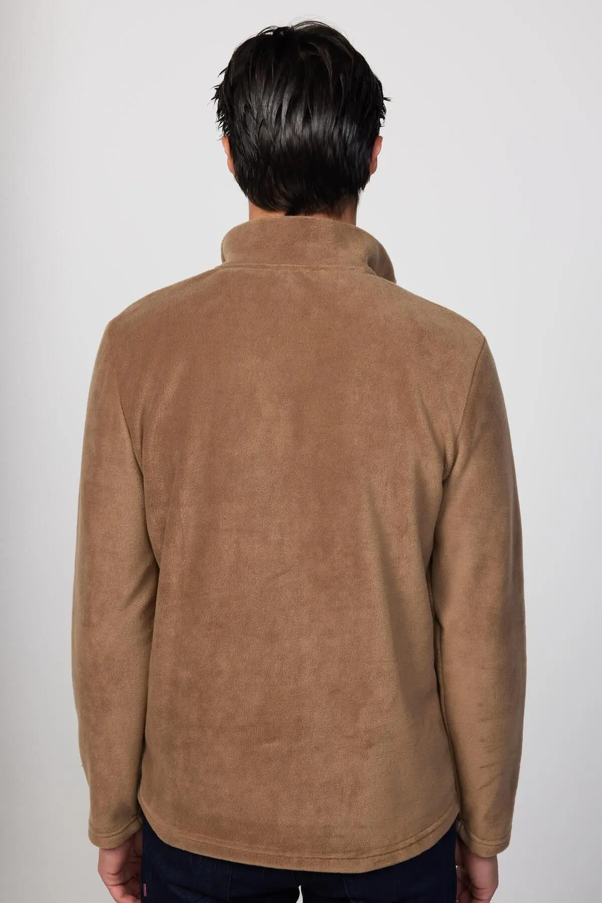 Erkek Standart Fit Rahat Kesim Tüylenme Yapmayan Soğuk Geçirmez Haki Dik Yaka Polar Sweatshirt