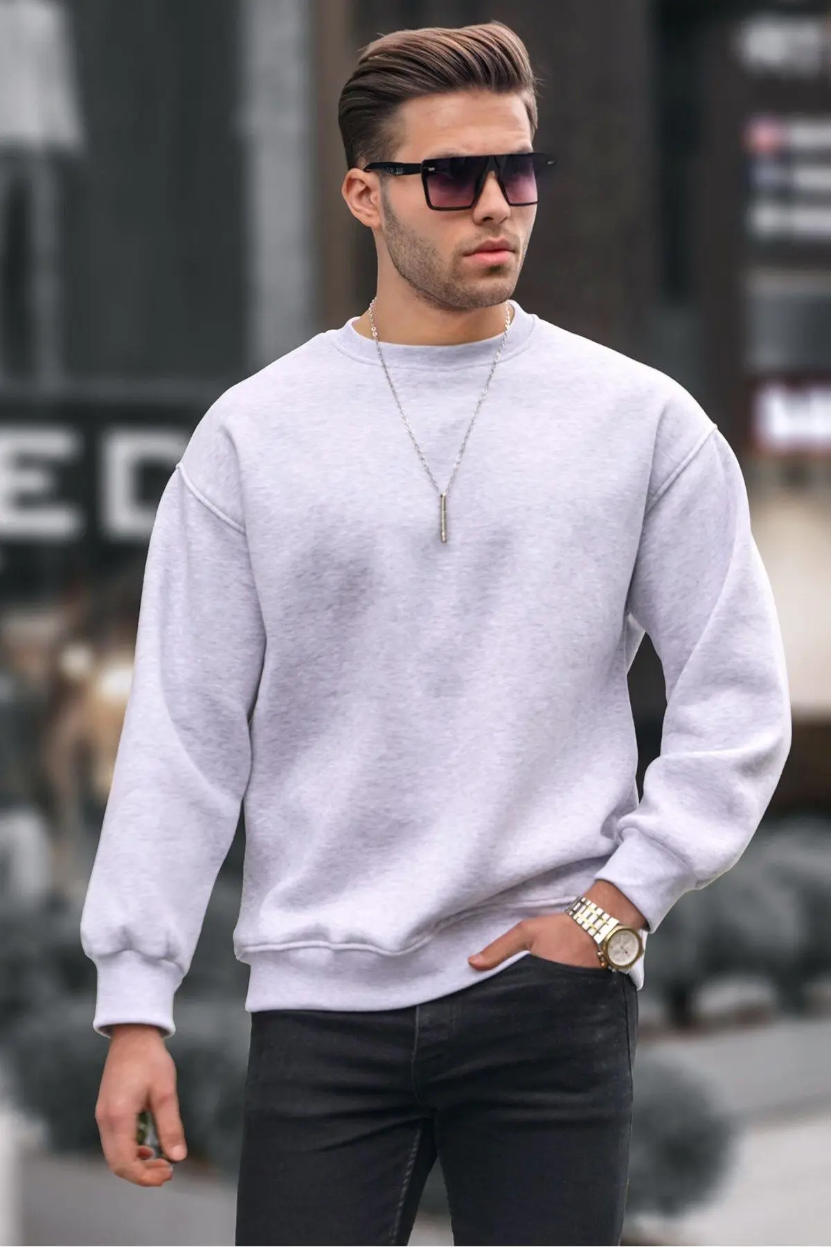 Karmelanj Bisiklet Yaka Oversize Şardonlu Basic Erkek Sweatshirt 6048