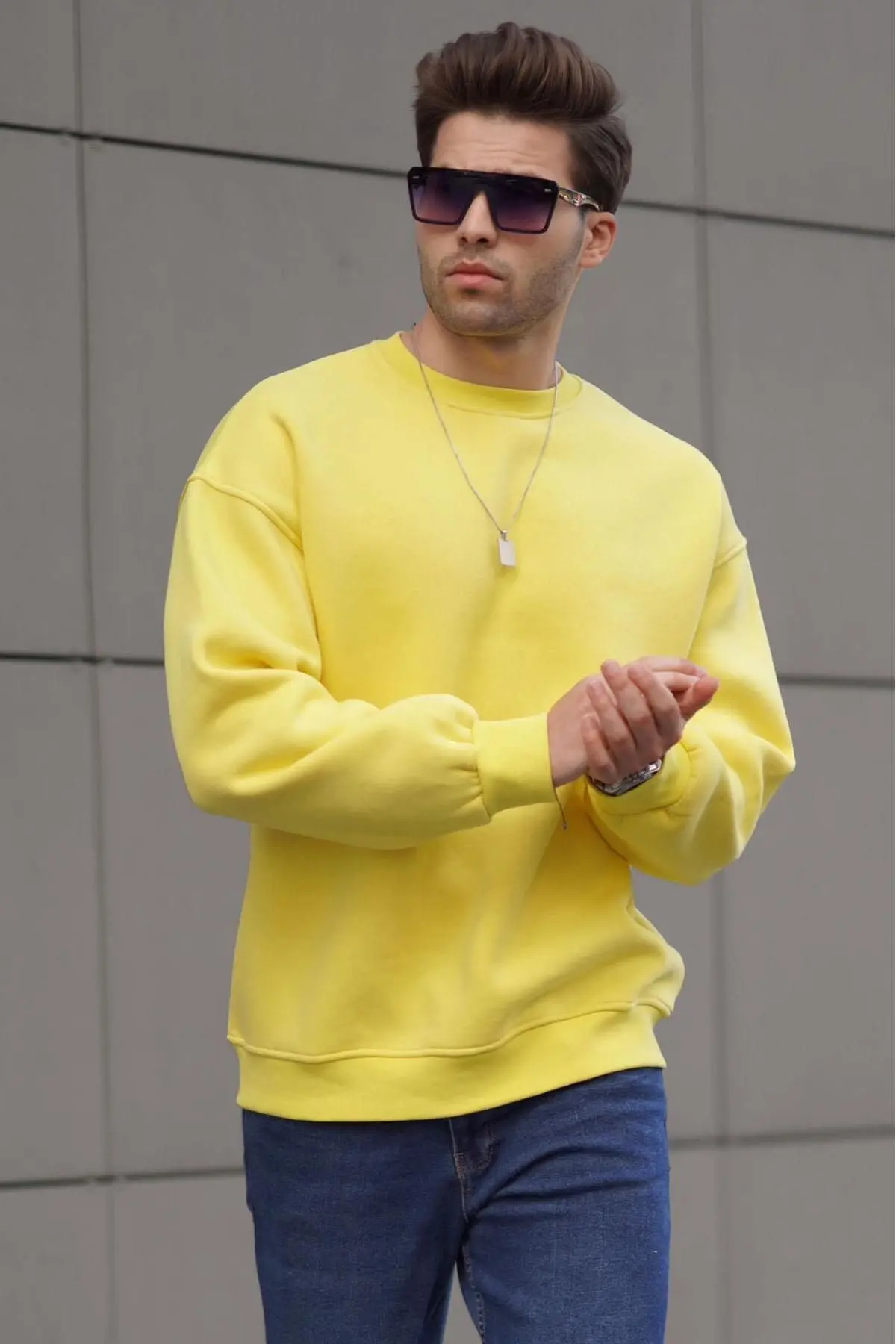 Sarı Bisiklet Yaka Oversize Şardonlu Basic Erkek Sweatshirt 6048