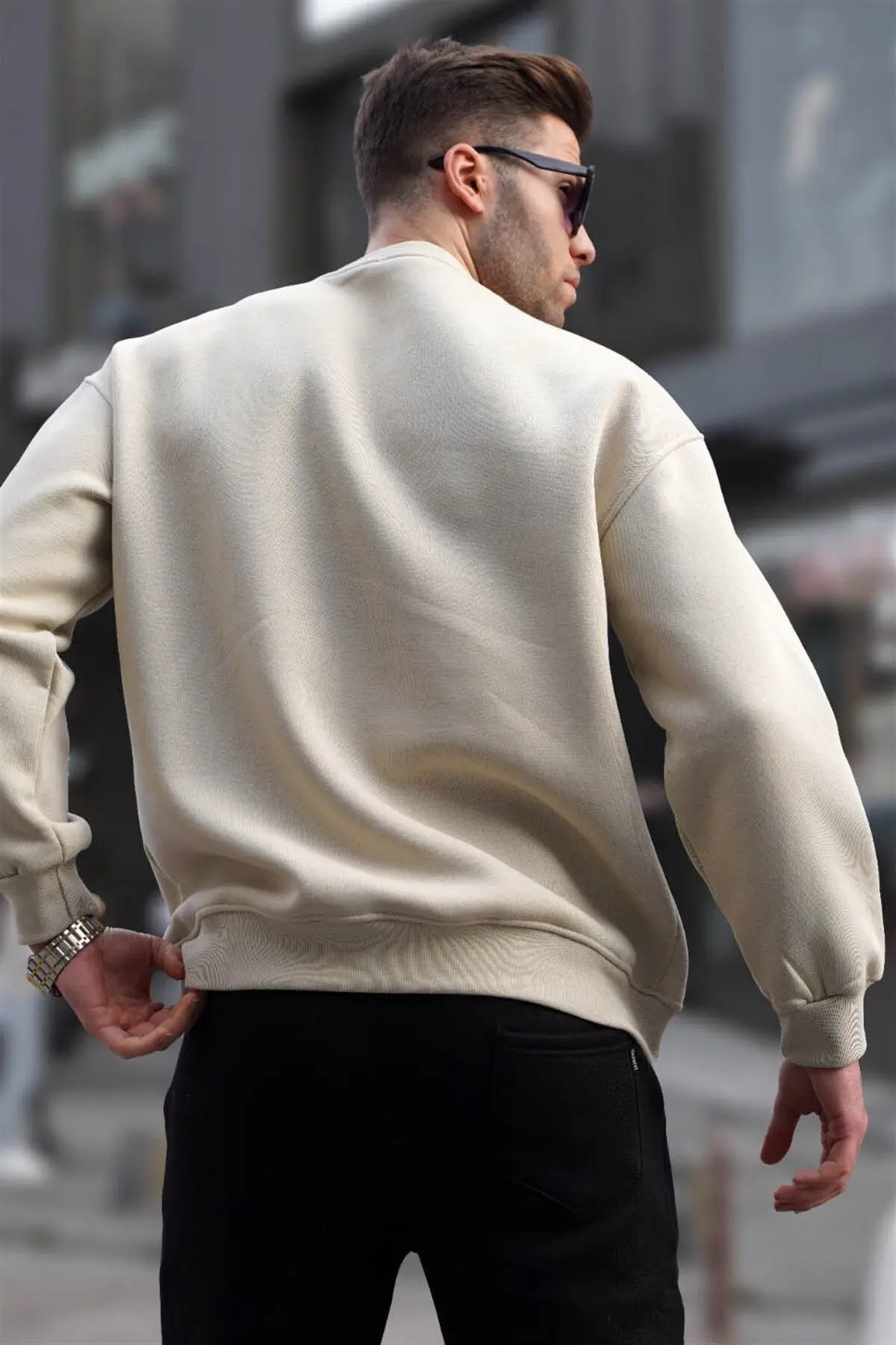 Bej Bisiklet Yaka Oversize Şardonlu Basic Erkek Sweatshirt 6048