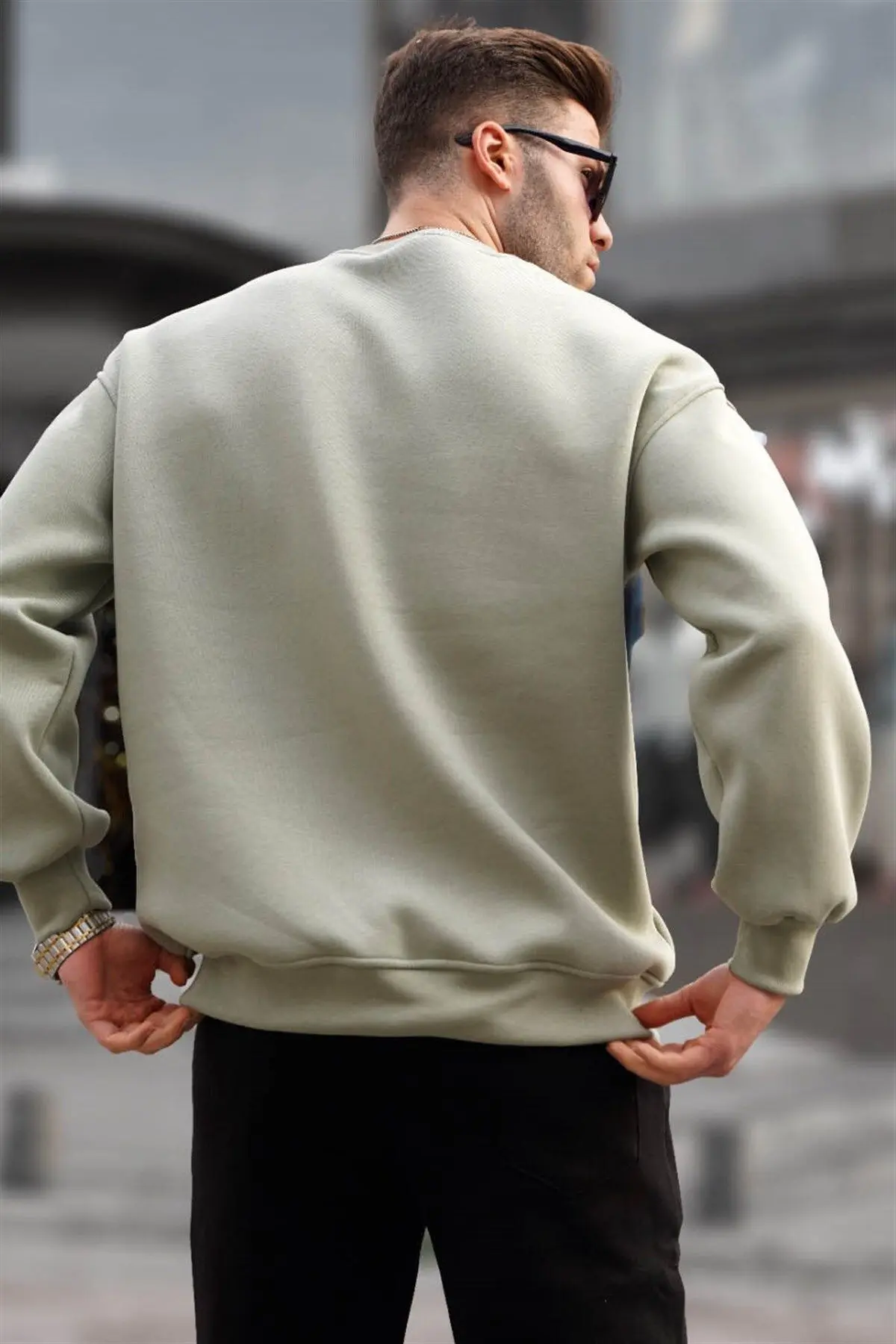 Mint Yeşili Bisiklet Yaka Oversize Şardonlu Basic Erkek Sweatshirt 6048