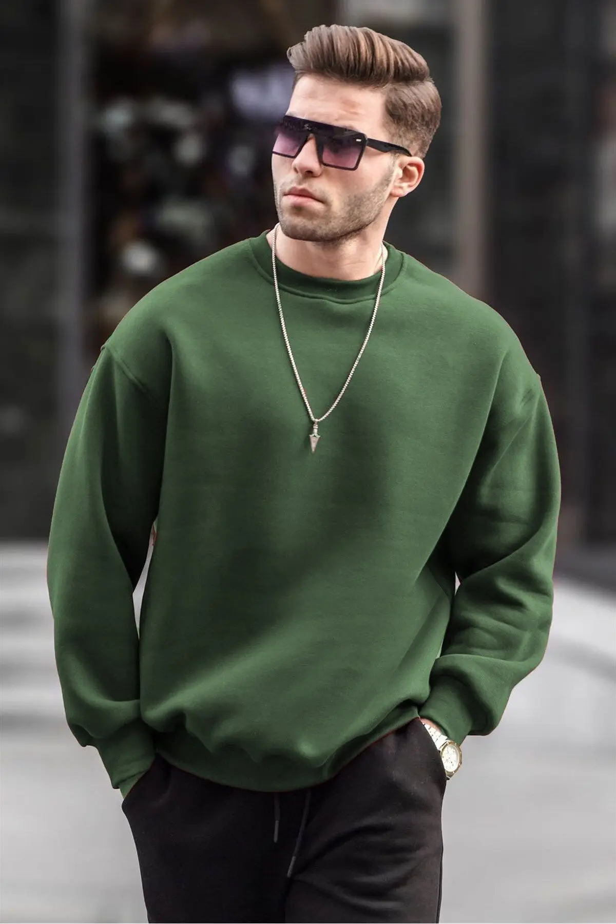 Madmext Haki Bisiklet Yaka Oversize Şardonlu Basic Erkek Sweatshirt 6048