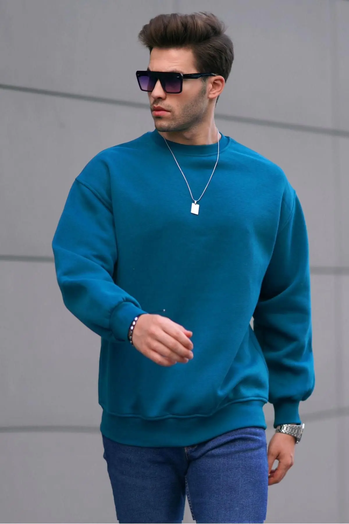 Petrol Mavi Bisiklet Yaka Oversize Şardonlu Basic Erkek Sweatshirt 6048