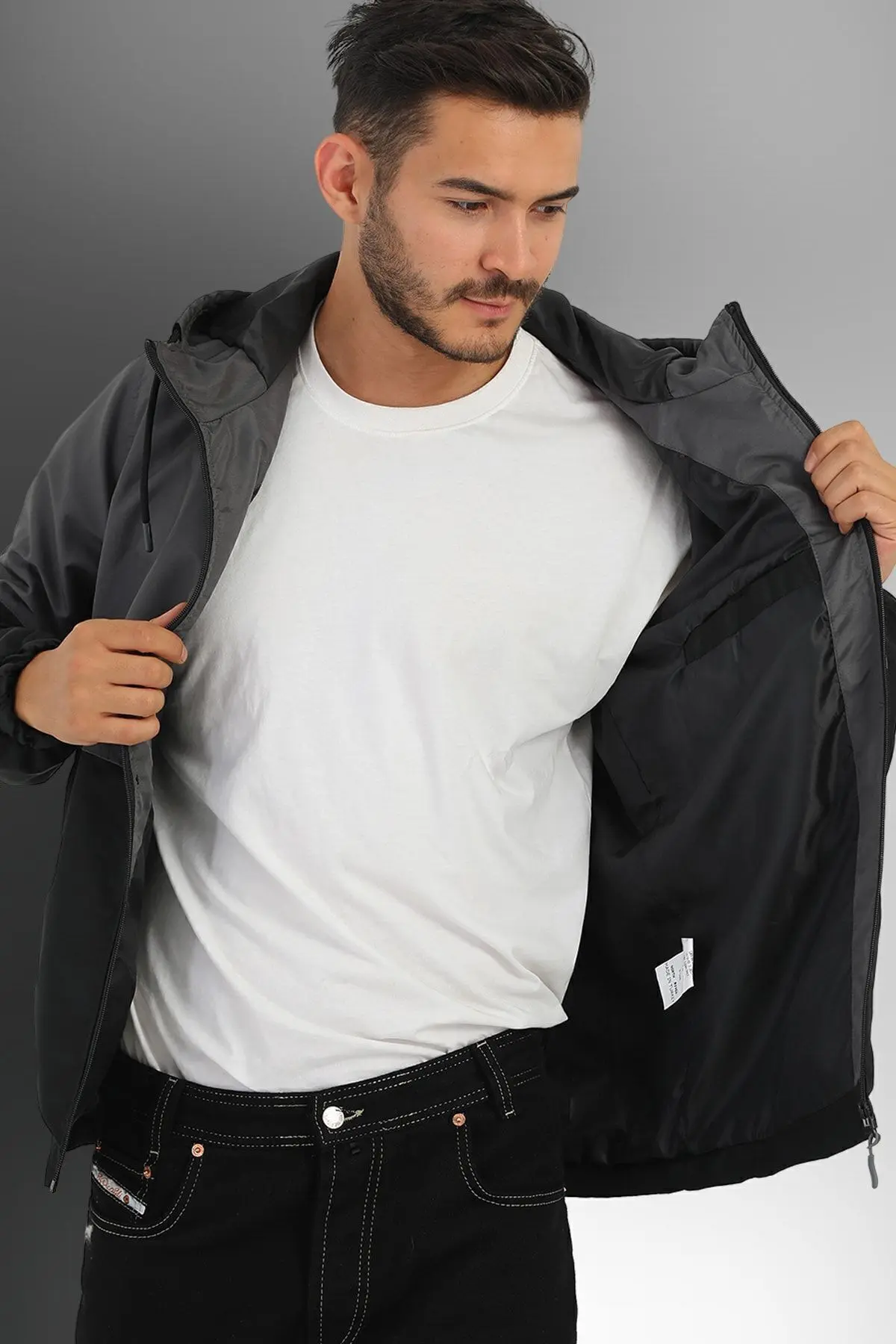 Erkek Antrasit -siyah Iki Renk Içi Astarlı Rüzgar Geçirmez Kapüşonlu Mevsimlik Spor Mont