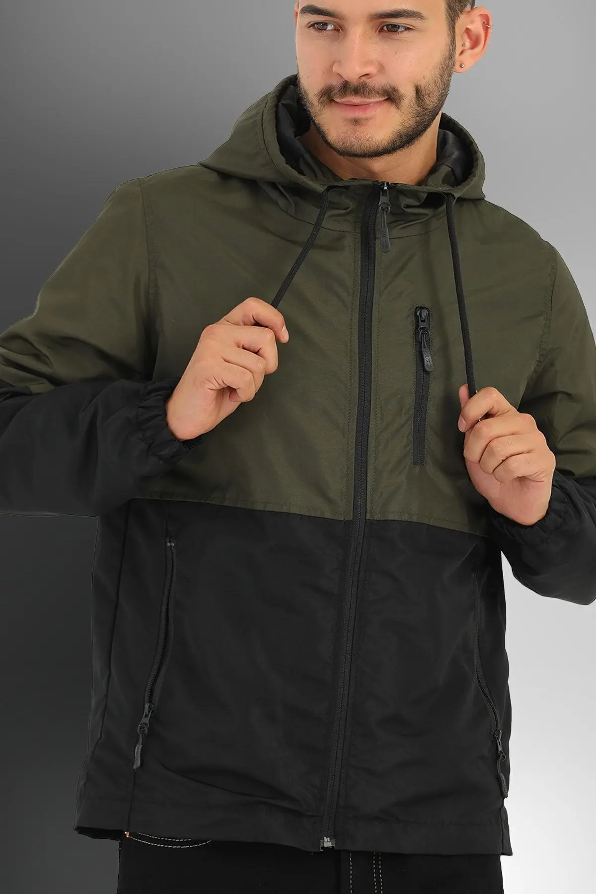 Erkek Haki -siyah Iki Renk Içi Astarlı Rüzgar Geçirmez Kapüşonlu Mevsimlik Spor Mont