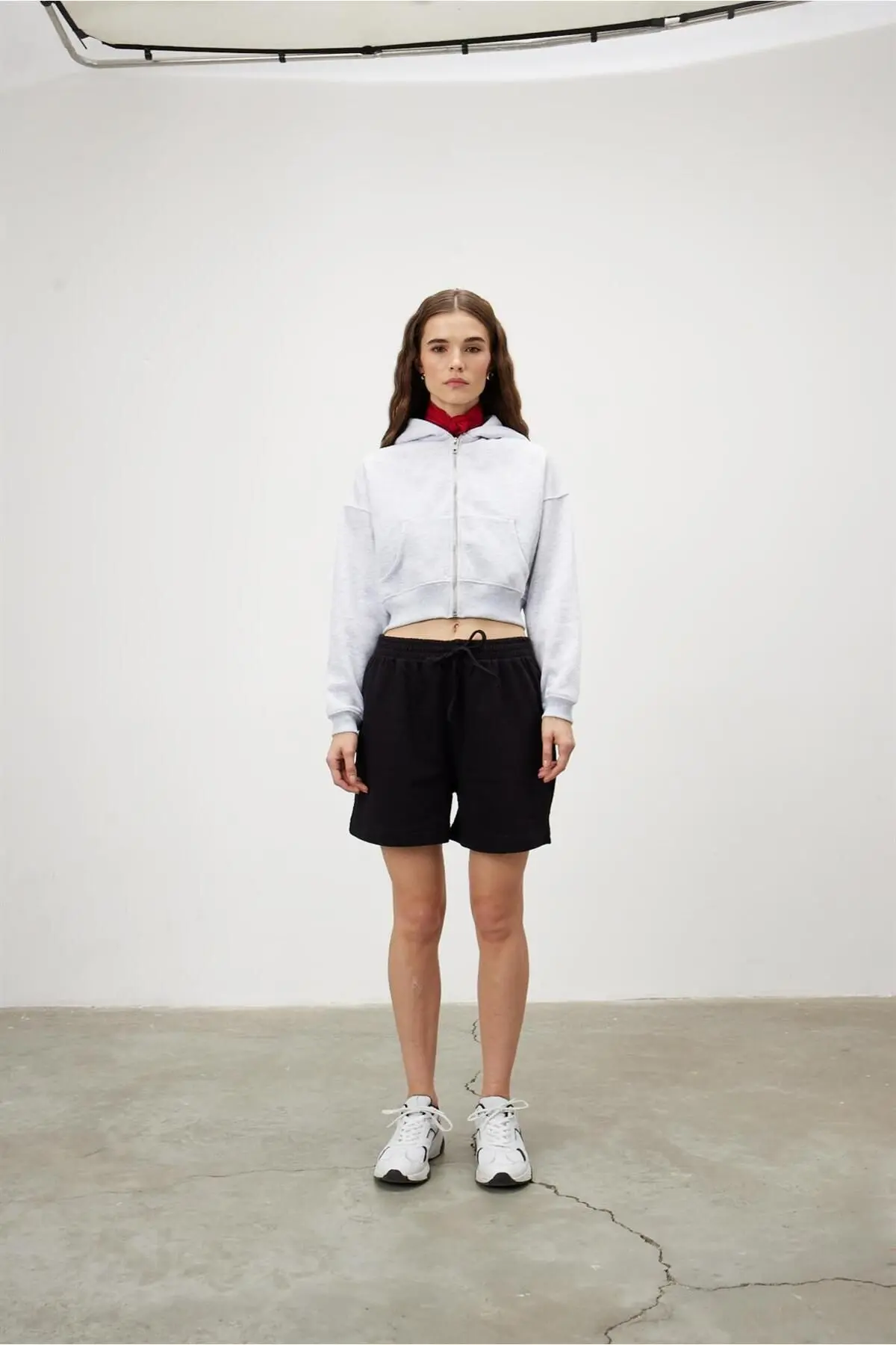 Kadın Kar Melanj Kapüşonlu Şardonlu Crop Sweatshirt Hırka