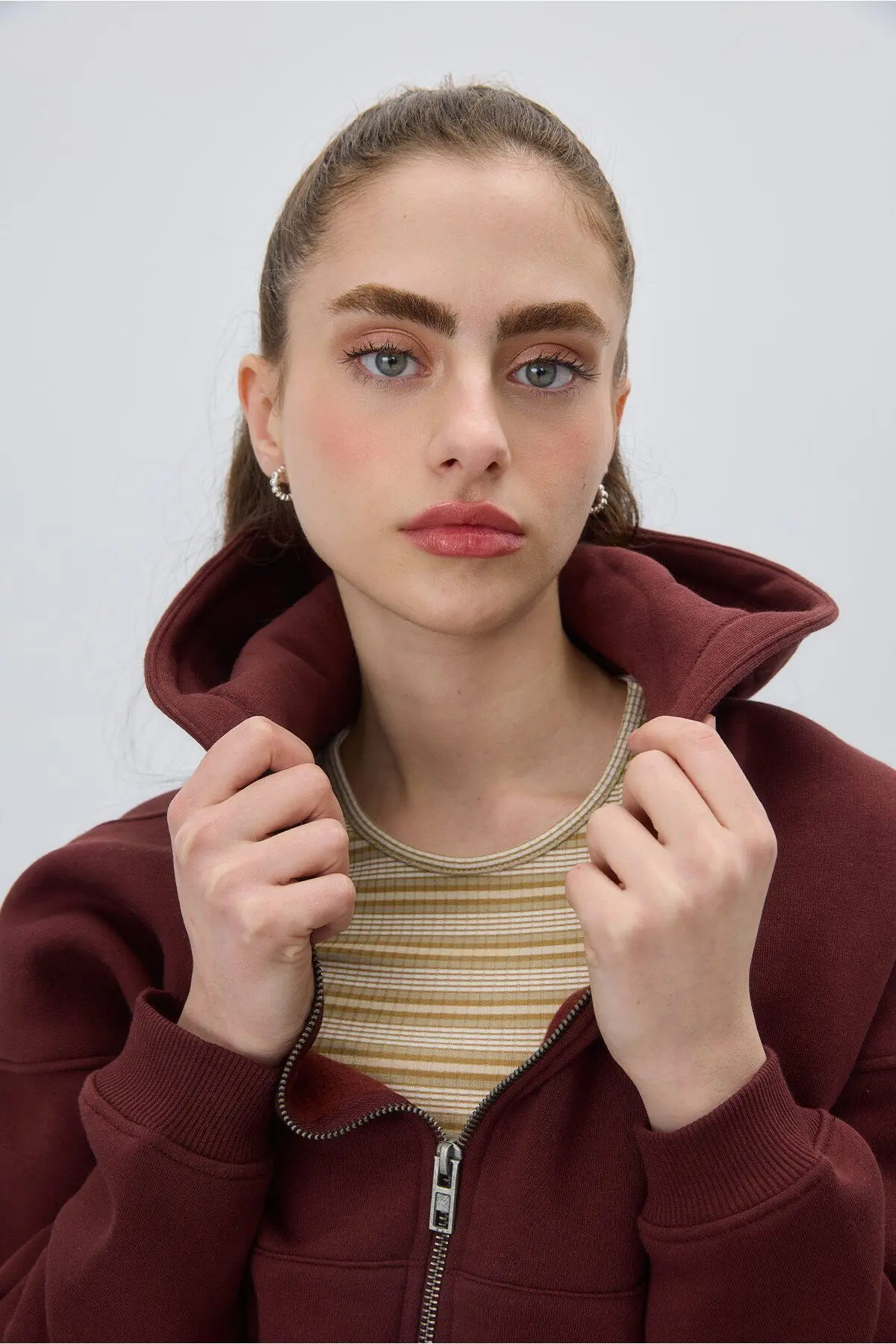 Kadın Çikolata Renk Kapüşonlu Şardonlu Crop Sweatshirt Hırka