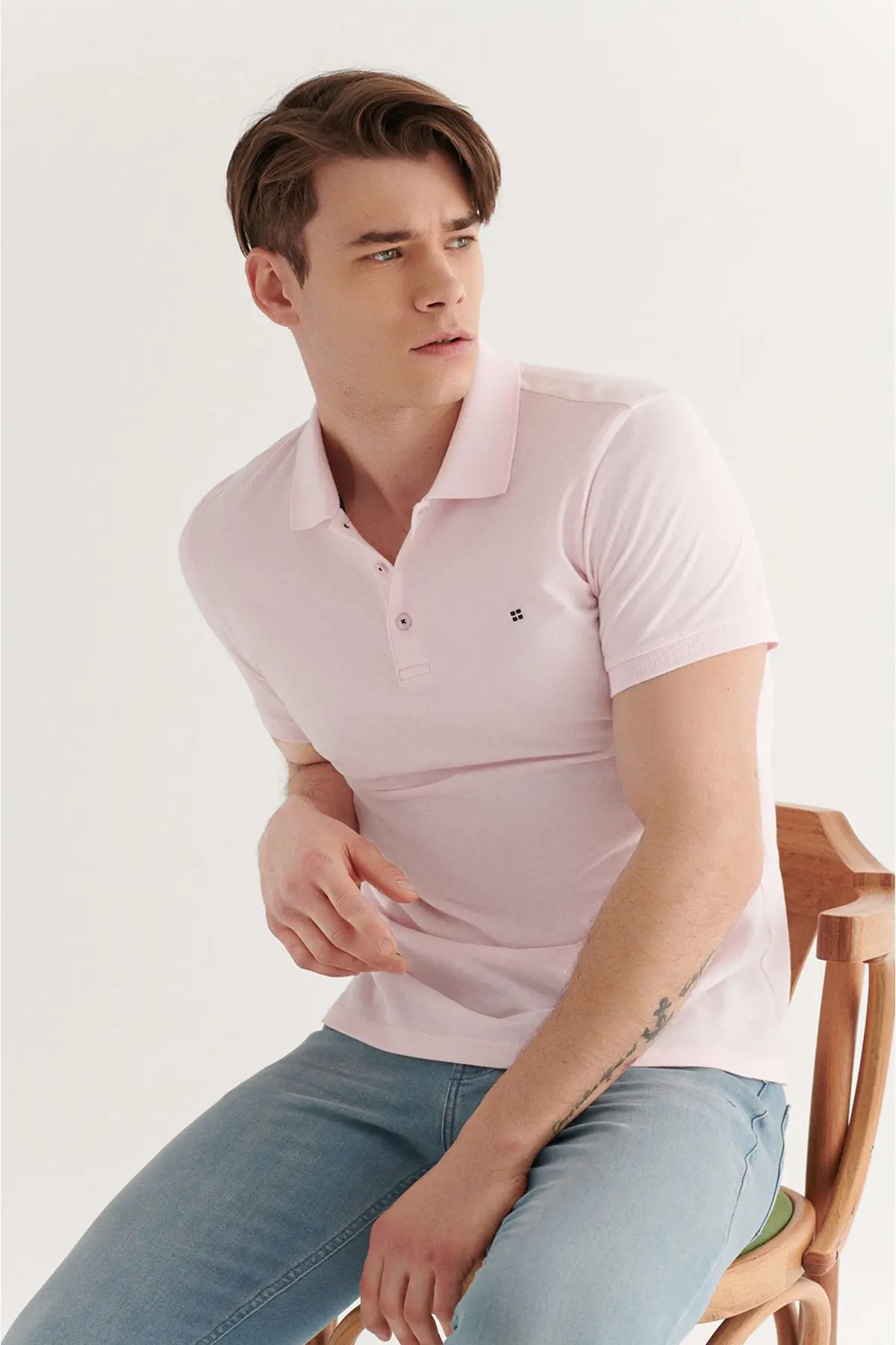 Erkek Açık Pembe Polo Yaka T-shirt %100 Pamuk Serin Tutan Regular Fit E001004