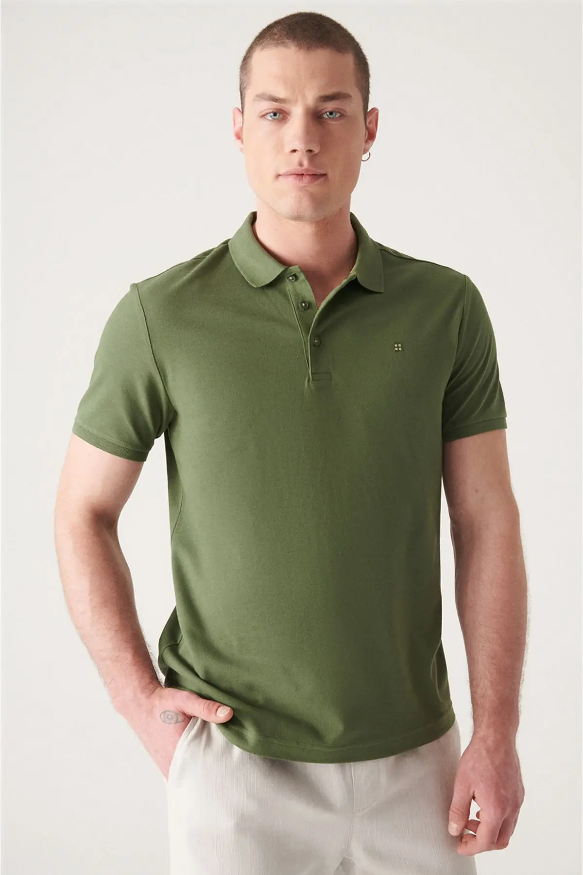 Erkek Haki Polo Yaka T-shirt %100 Pamuk Serin Tutan Regular Fit E001004