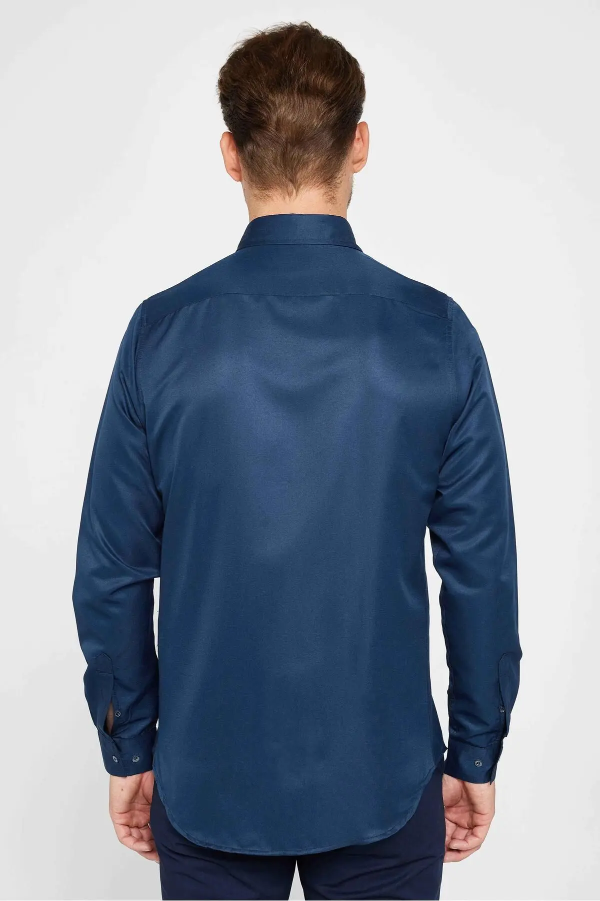 Slim Fit Uzun Kollu Kolay Ütü Teri Emen Nefes Alan Doku Kravatlık Dört Mevsim Lacivert Erkek Gömlek