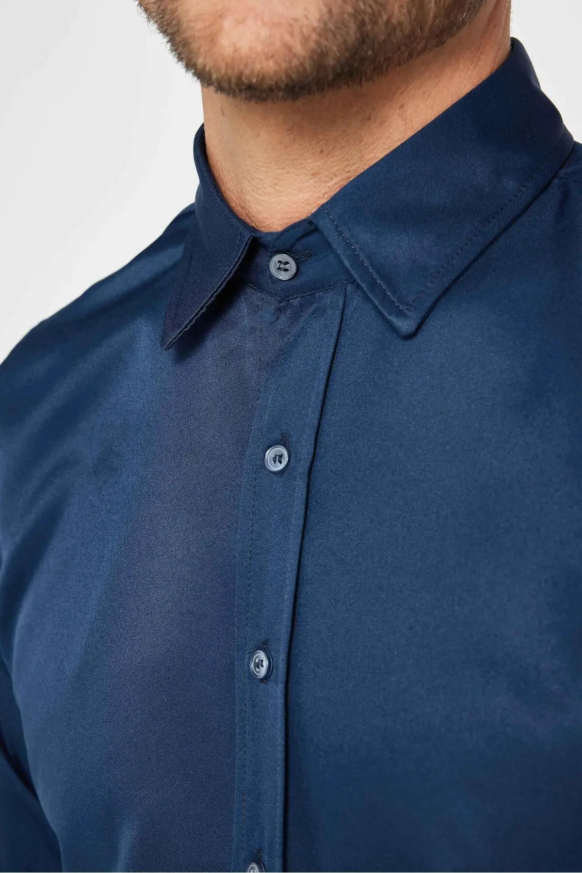 Slim Fit Uzun Kollu Kolay Ütü Teri Emen Nefes Alan Doku Kravatlık Dört Mevsim Lacivert Erkek Gömlek